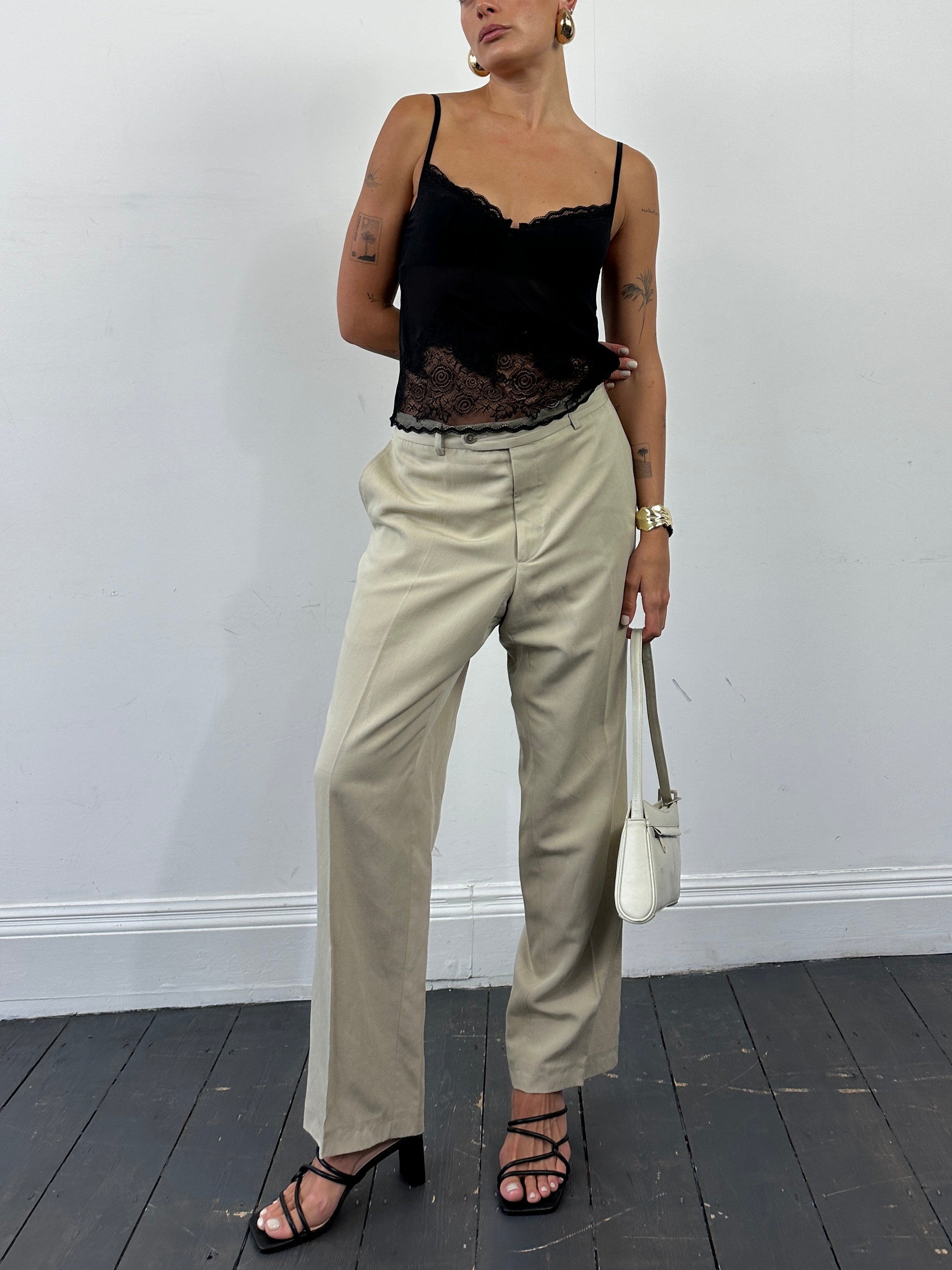 Vintage linen blend single-breasted jumpsuit in size 42R/W34, featuring a classic tailored fit and vintage-inspired style.