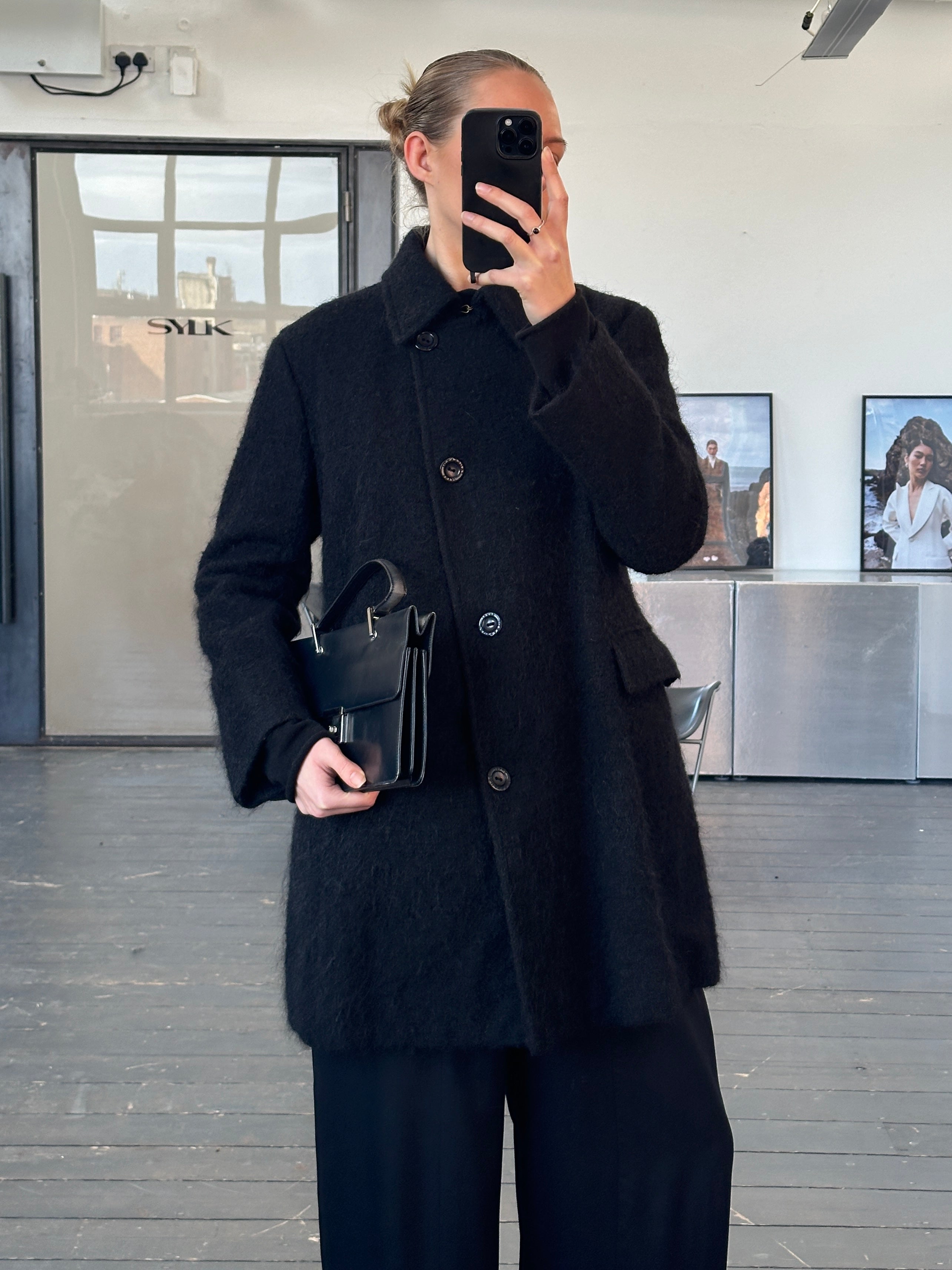 Trussardi 2000s virgin wool and mohair single-breasted coat in size M, stylish and warm outerwear with a classic design.