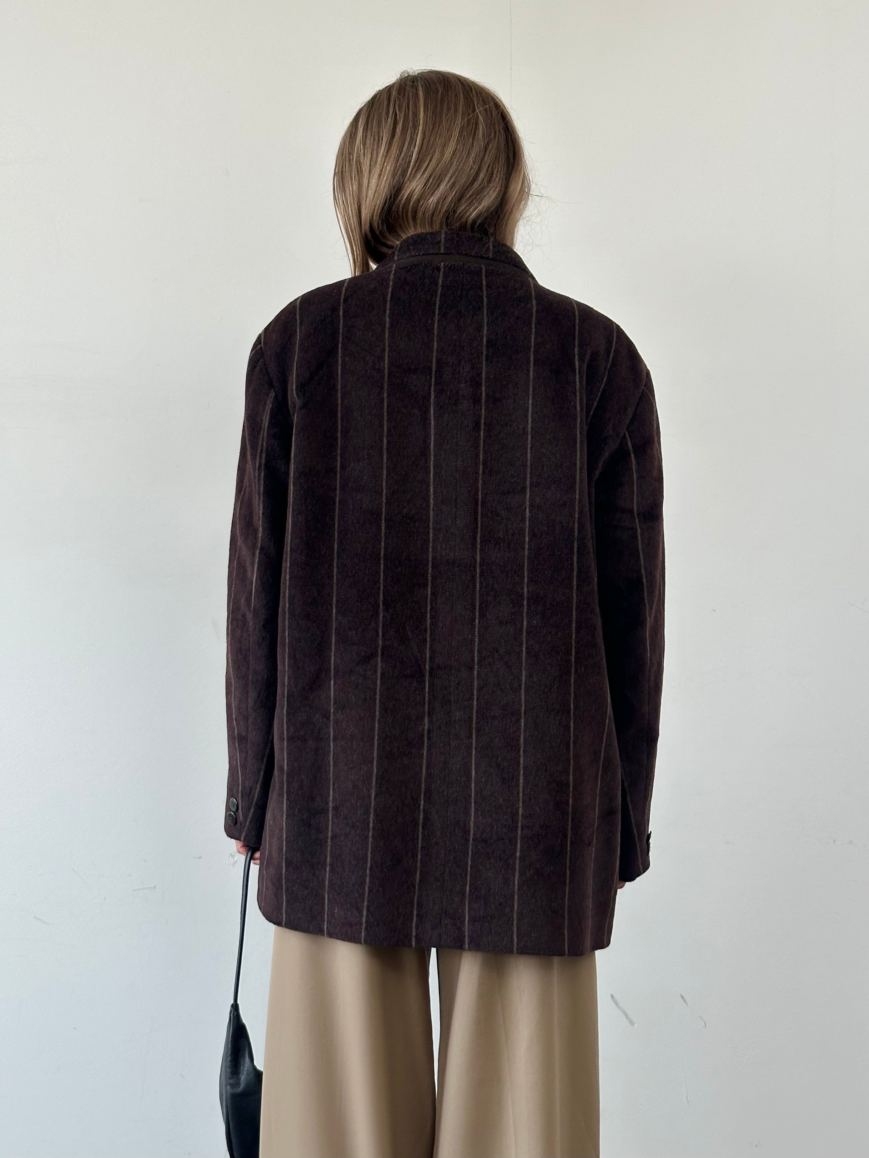 Emporio Armani wool fuzzy stripe blazer coat in size 42R/XL, featuring a stylish striped pattern and tailored fit.