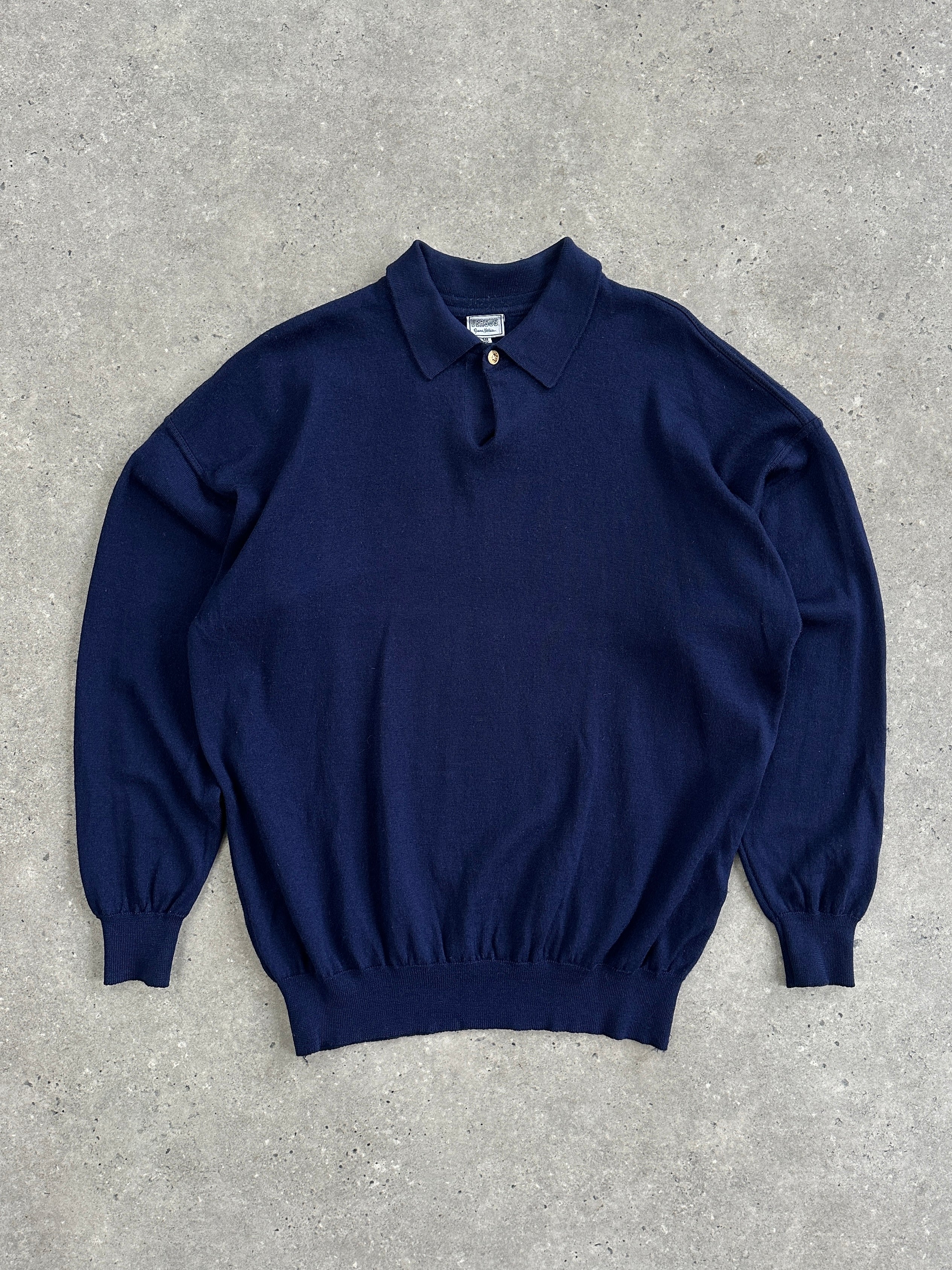 Versace Versus 1990s pure wool bespoke button polo jumper in size L, featuring a classic collar and button detail.