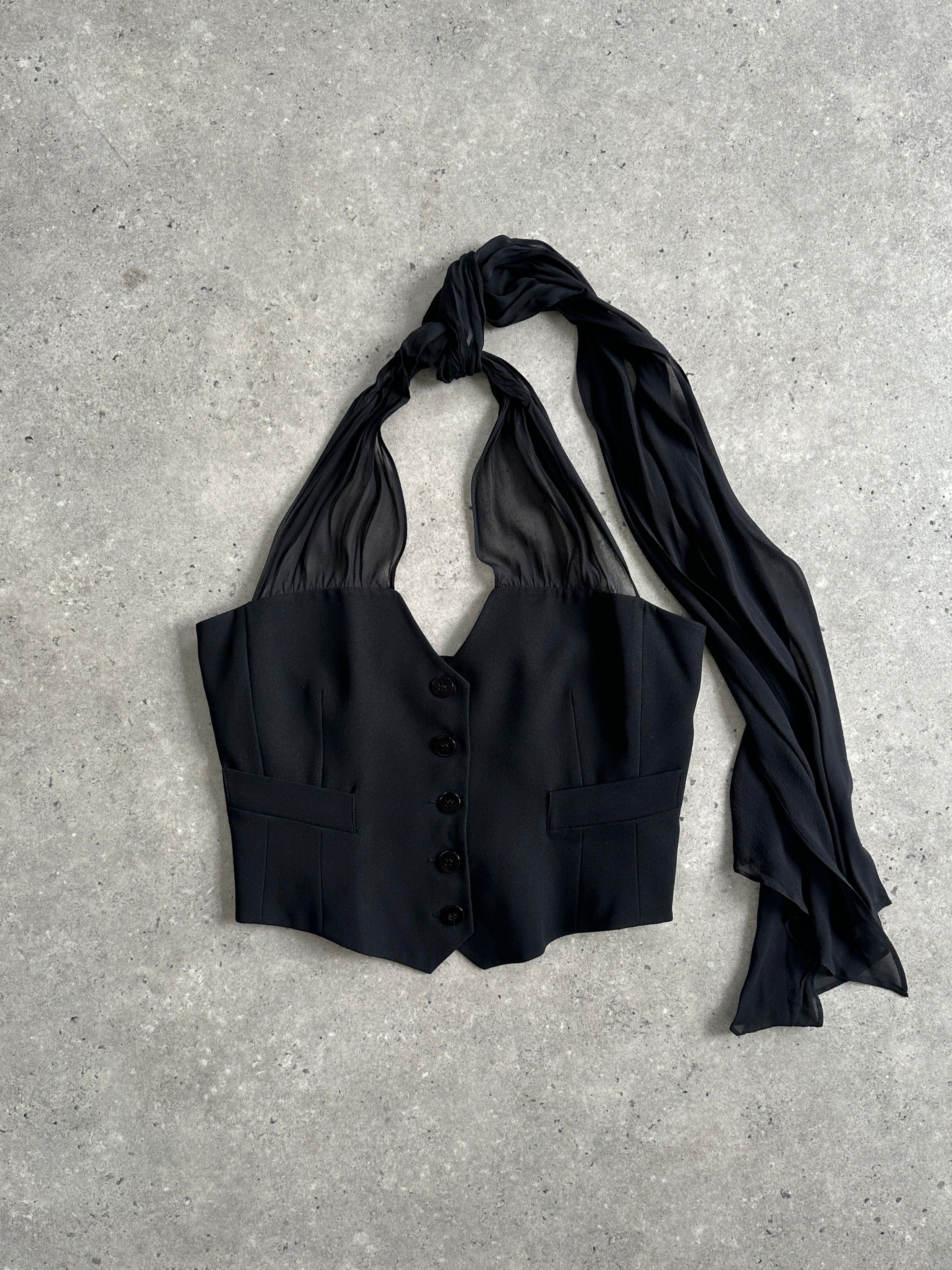 Emporio Armani 2002 pure silk halter neck waistcoat in S/M with sleek design and elegant silk fabric.