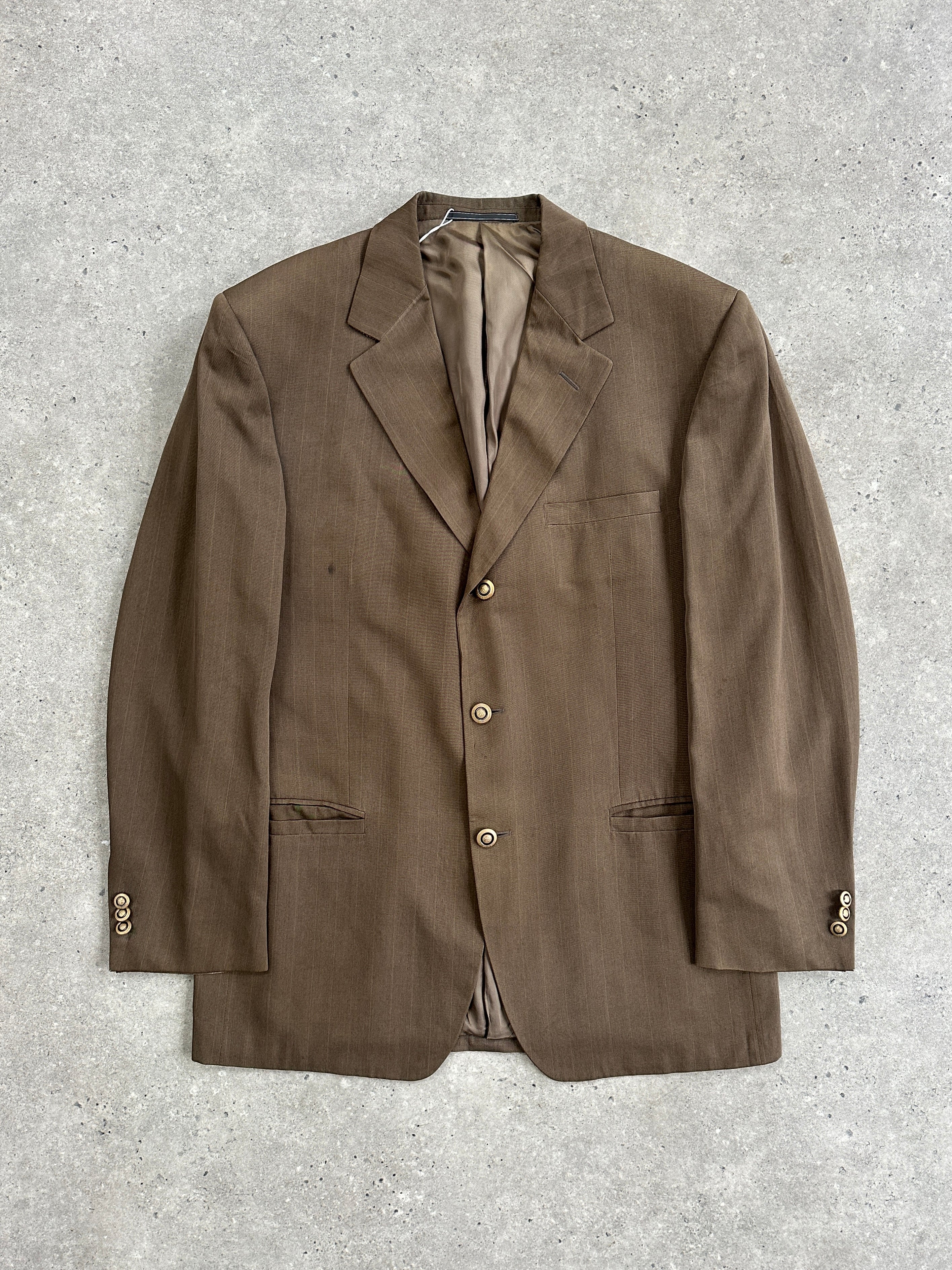 Versace Classic V2 1990s bespoke single-breasted blazer in size 42R/XL, blue fabric with tailored button details.