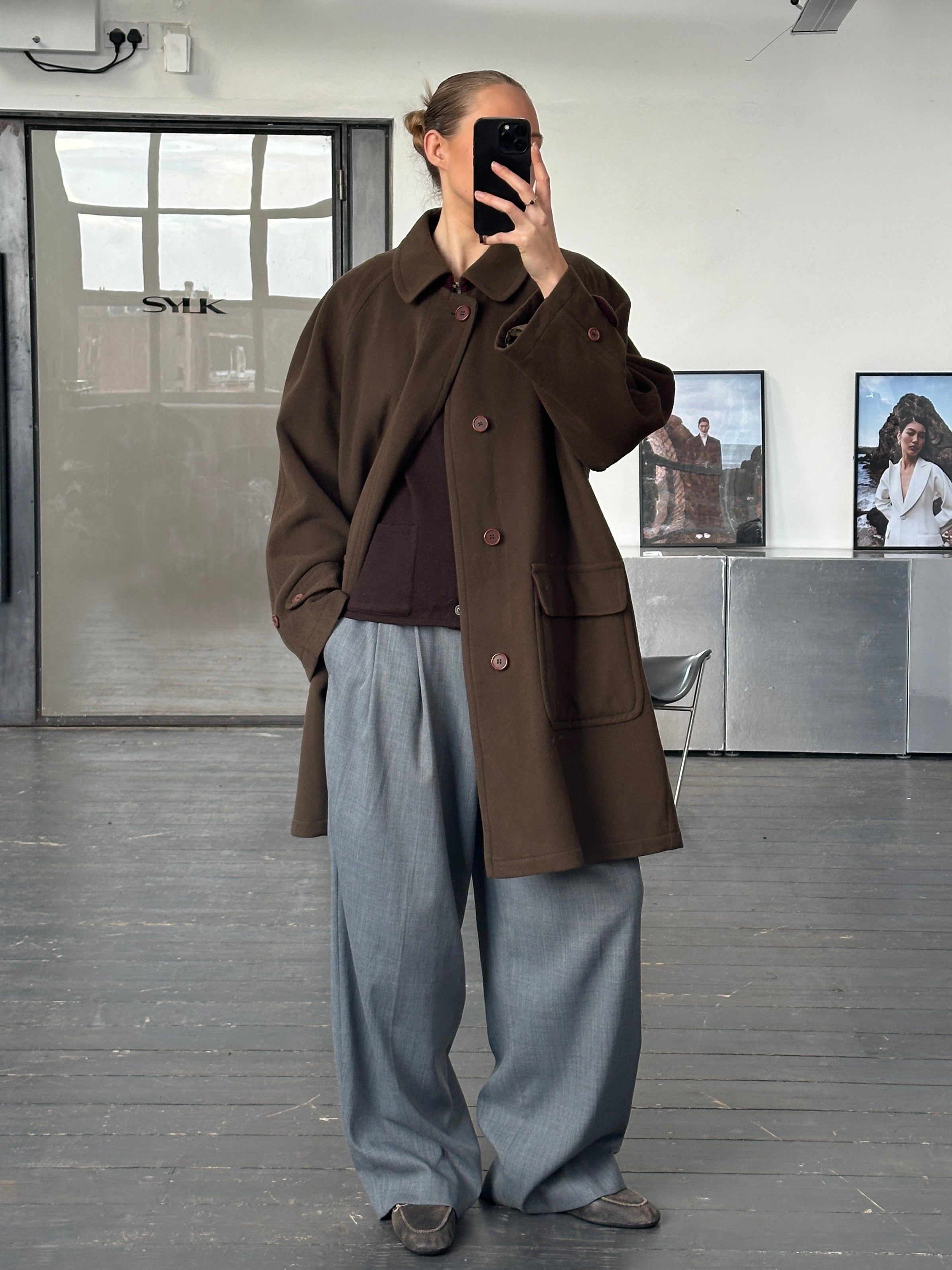 Missoni 1990s wool coat with concealed placket in XXL size, featuring a classic design and textured fabric.