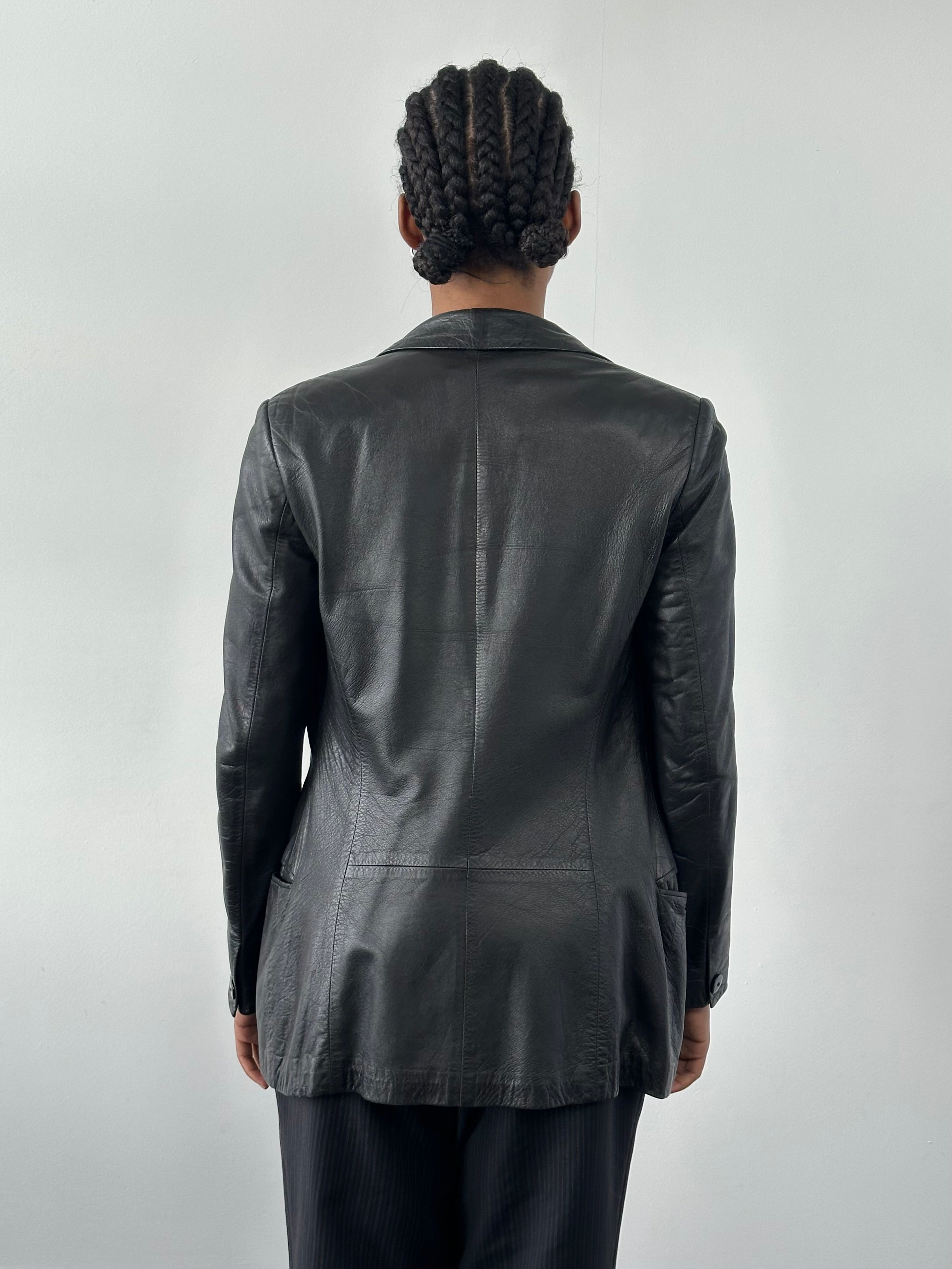 Versace 1990s fitted leather jacket in XS, stylish black leather with classic design and silver hardware details.