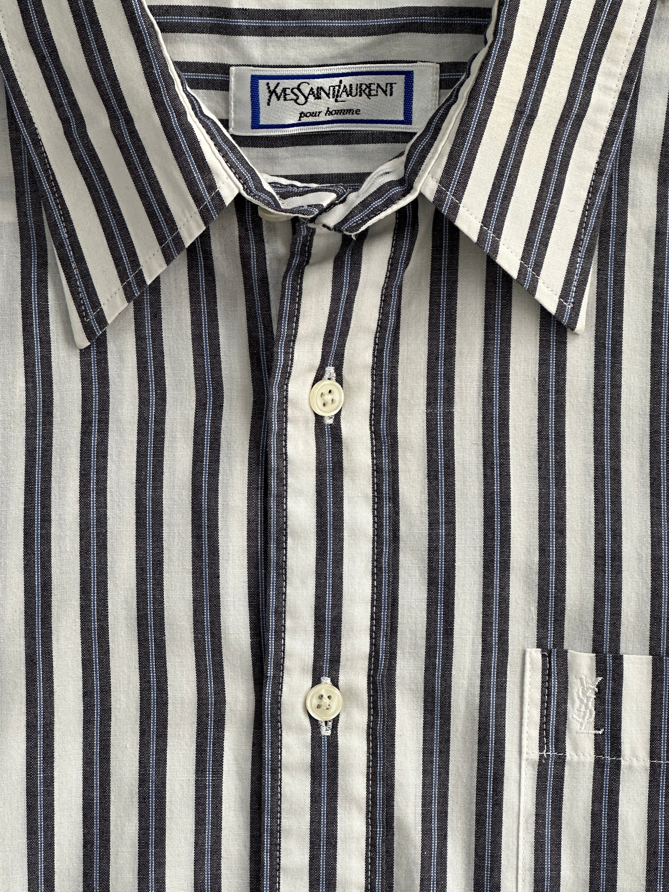 Yves Saint Laurent Pour Homme pure cotton shirt with blue and white stripes and logo detail, size M.