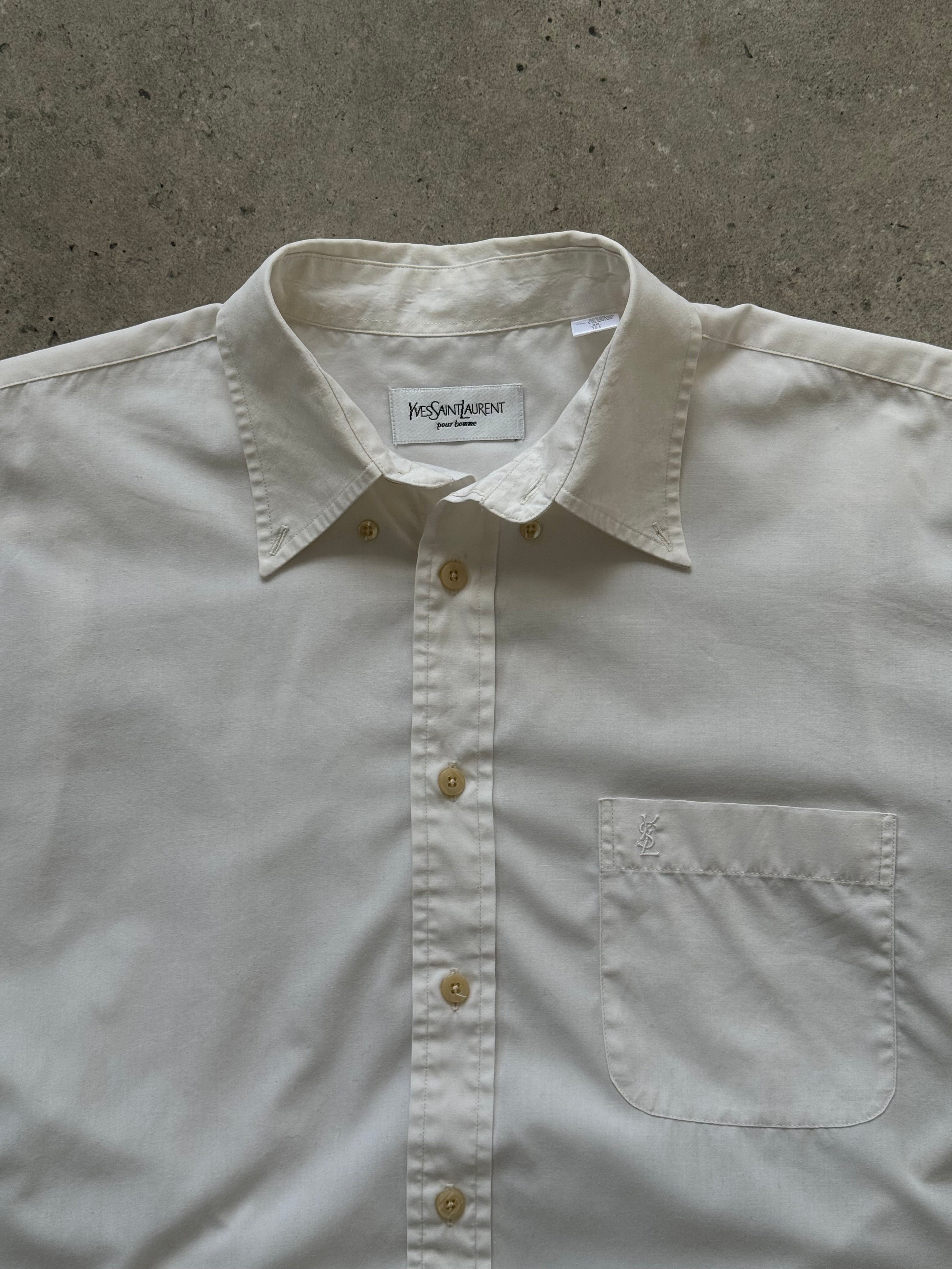 Yves Saint Laurent Pour Homme 1990s cotton logo shirt, front view showing classic design and Yves Saint Laurent branding.