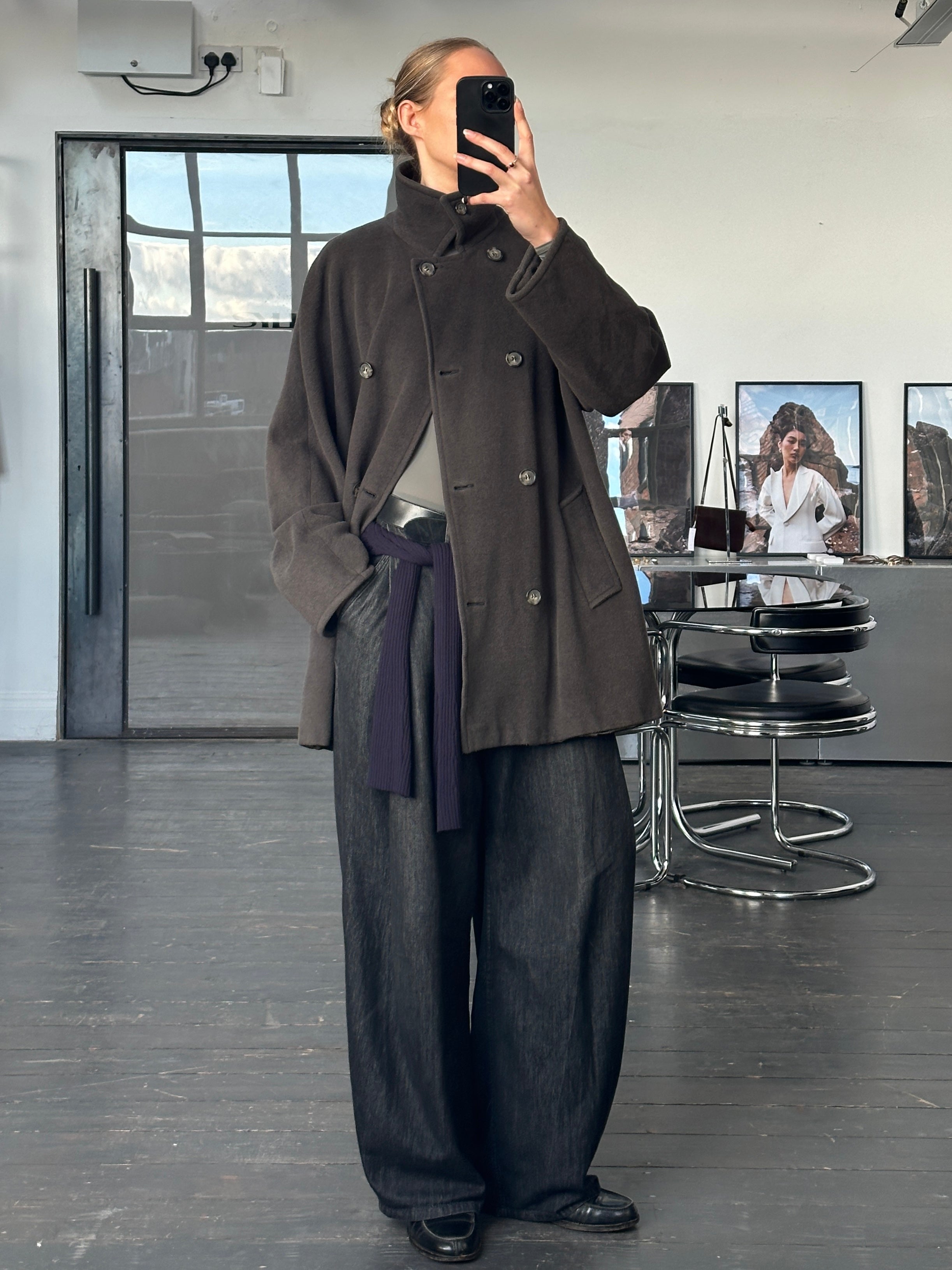 Marella 1990s virgin wool double-breasted coat in size L/XL, stylish and warm, shown on a hanger with front view.