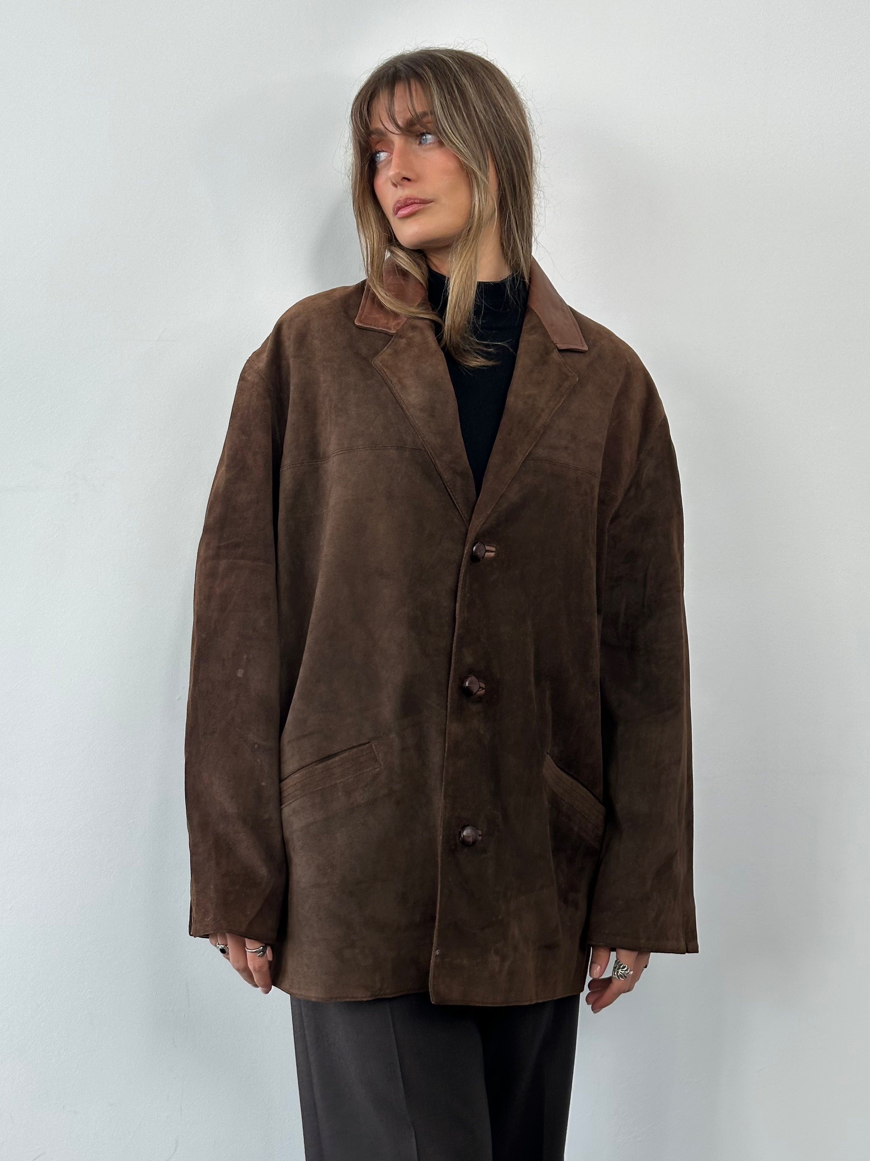 Valentino XL suede blazer jacket with leather accents, tailored fit, and classic design, shown on a hanger.