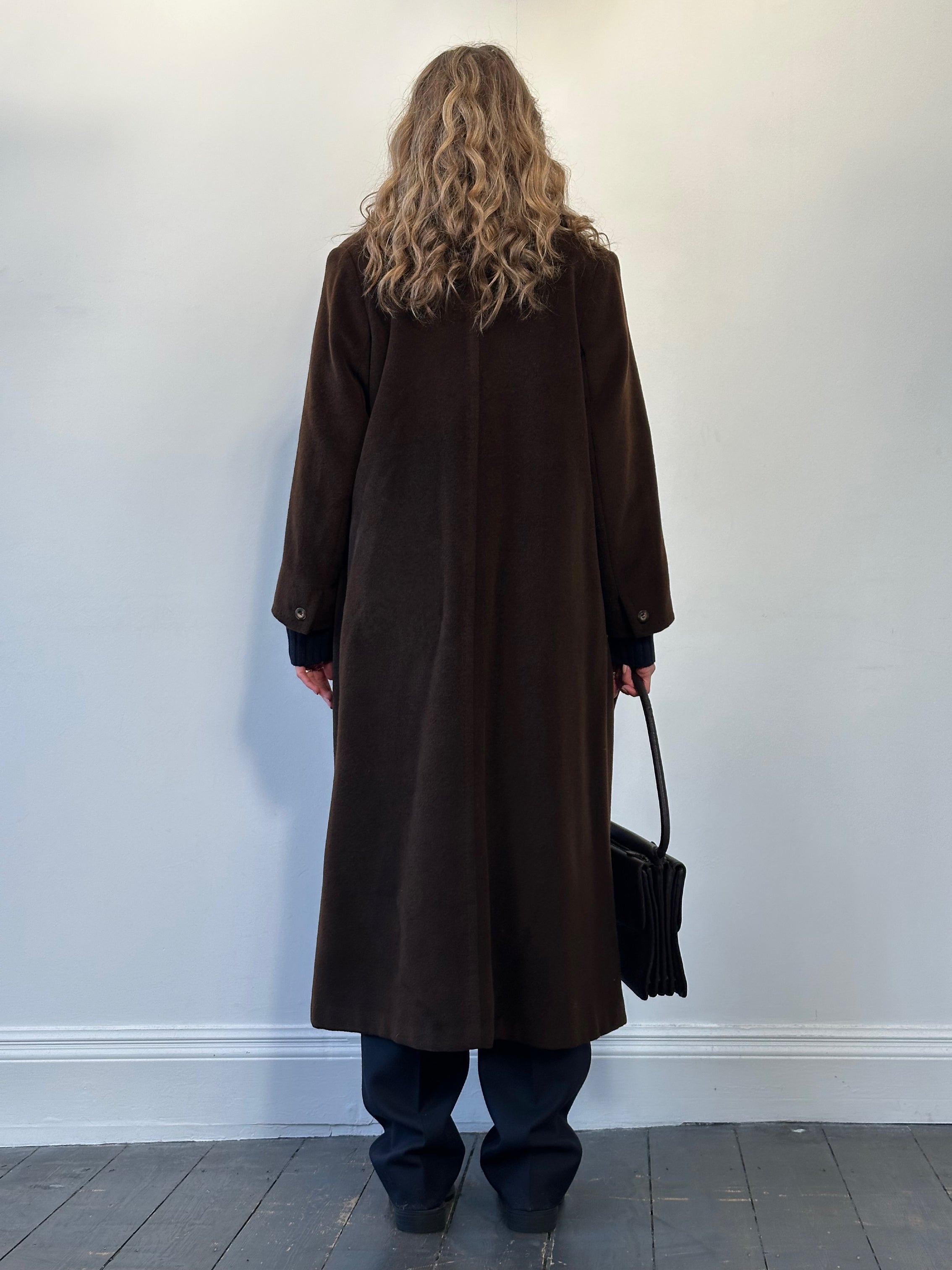 Max Mara wool and cashmere double-breasted floor-length coat in size L, tailored with a classic lapel and elegant design.