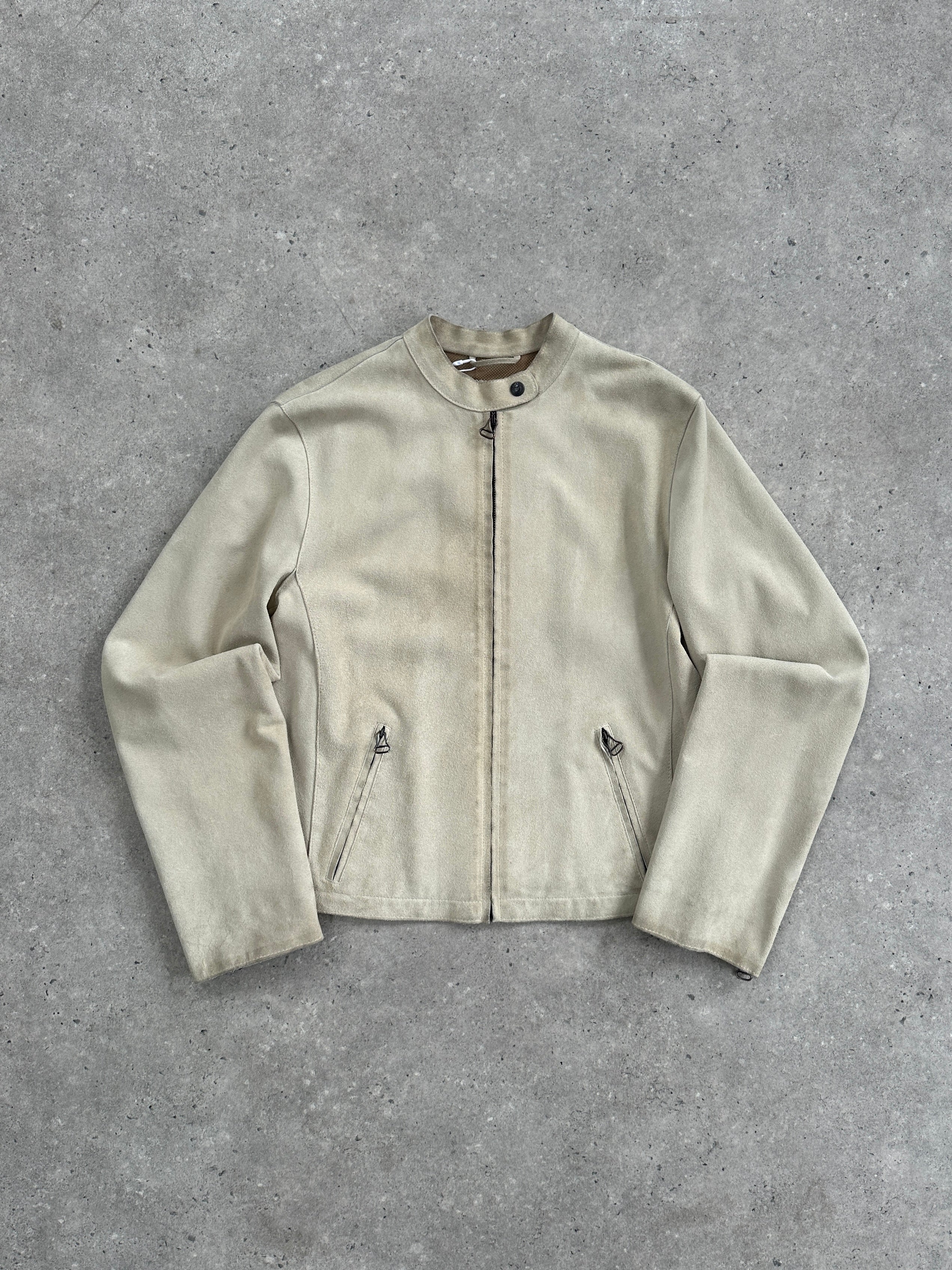 Armani Jeans fitted suede jacket in XS/S, shown in a close-up view highlighting the soft texture and stylish design.