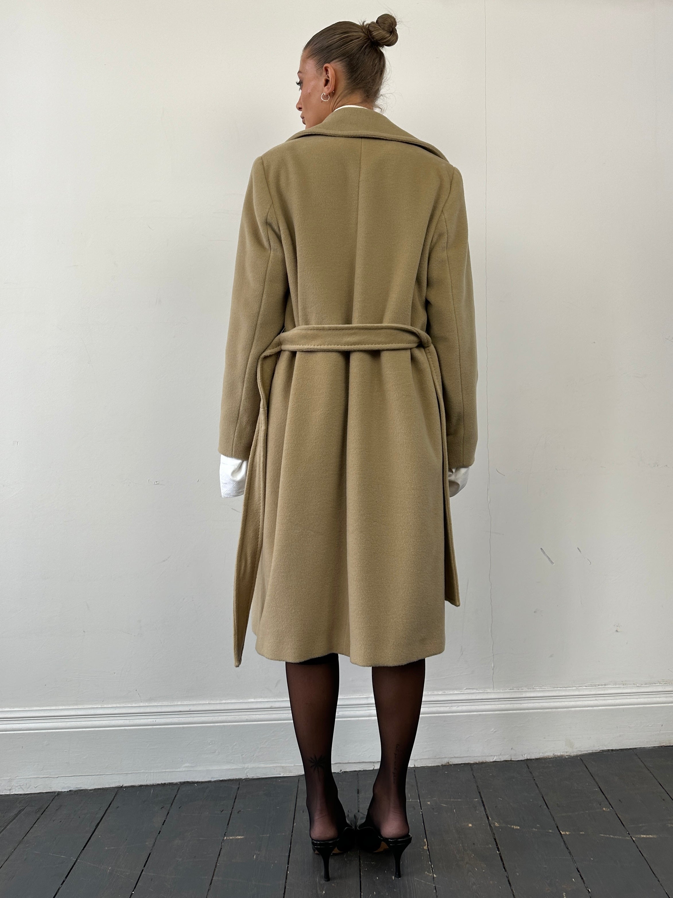 Marella Virgin Wool Cashmere Belted Wrap Coat in neutral color, front view showcasing the elegant design and belted waist.
