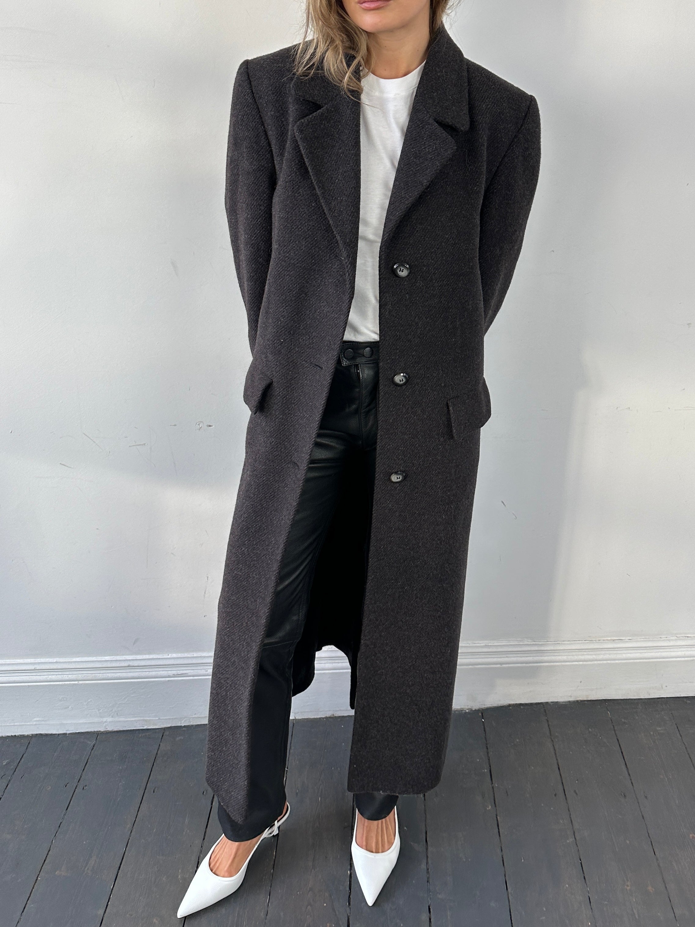 St Michael wool alpaca mohair floor-length coat in size M/L, shown hanging with a tailored collar and long sleeves.
