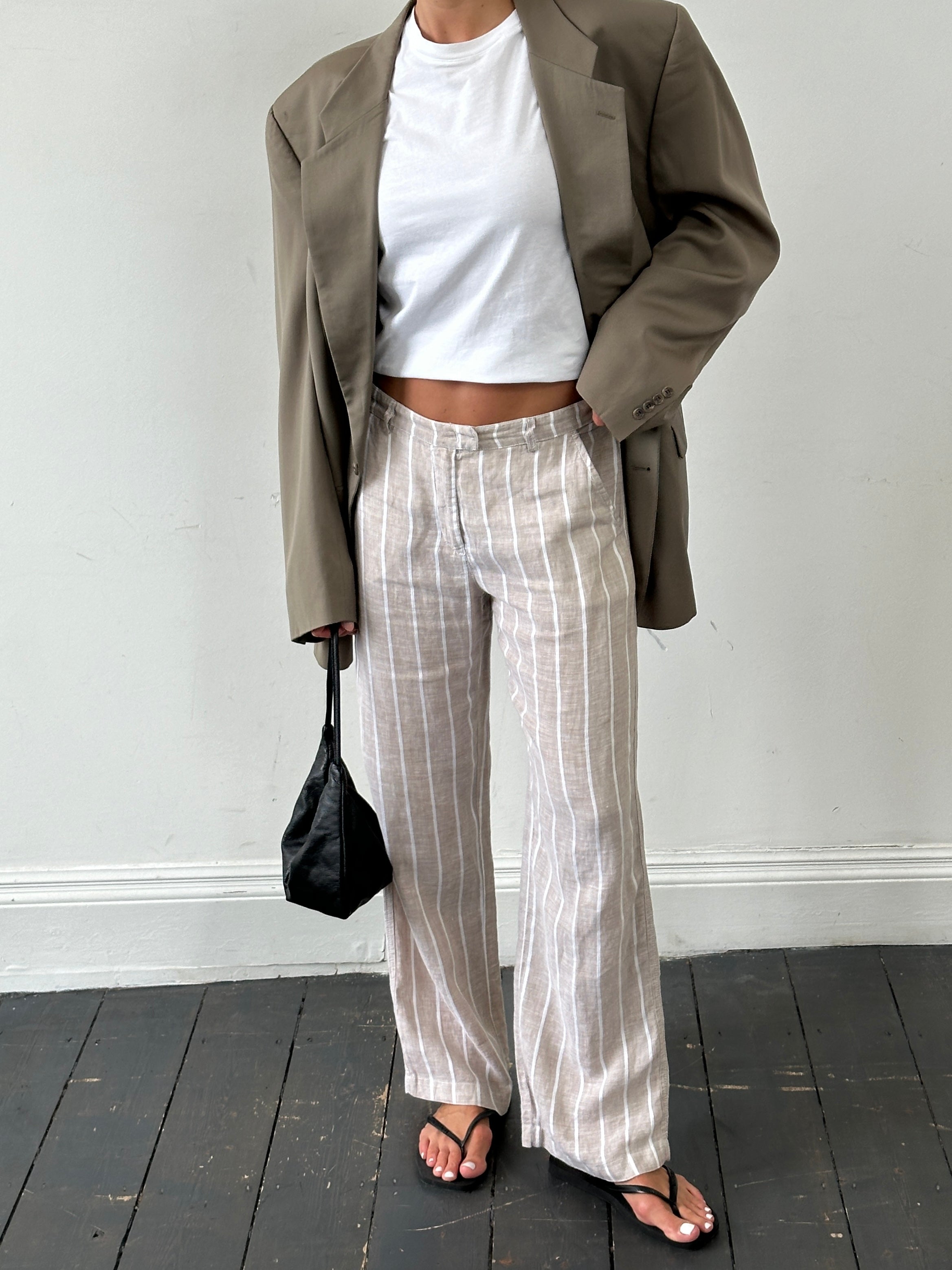 Armani Jeans wide-leg linen trousers with mid-rise fit and stripe pattern, size W30, displayed flat.