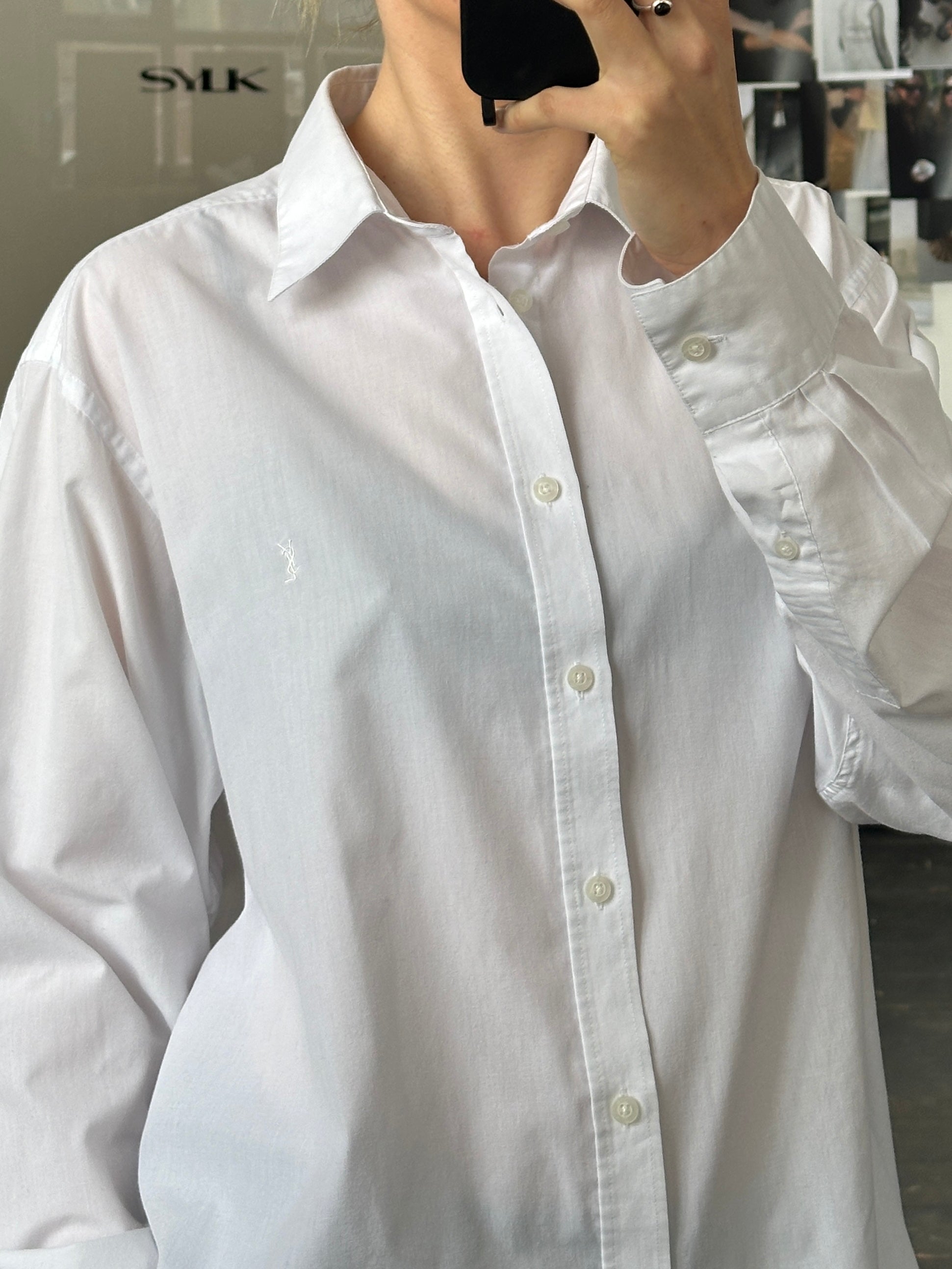 Yves Saint Laurent Pour Homme 2000s cotton shirt in size L/XL, white with classic collar and button-front design.
