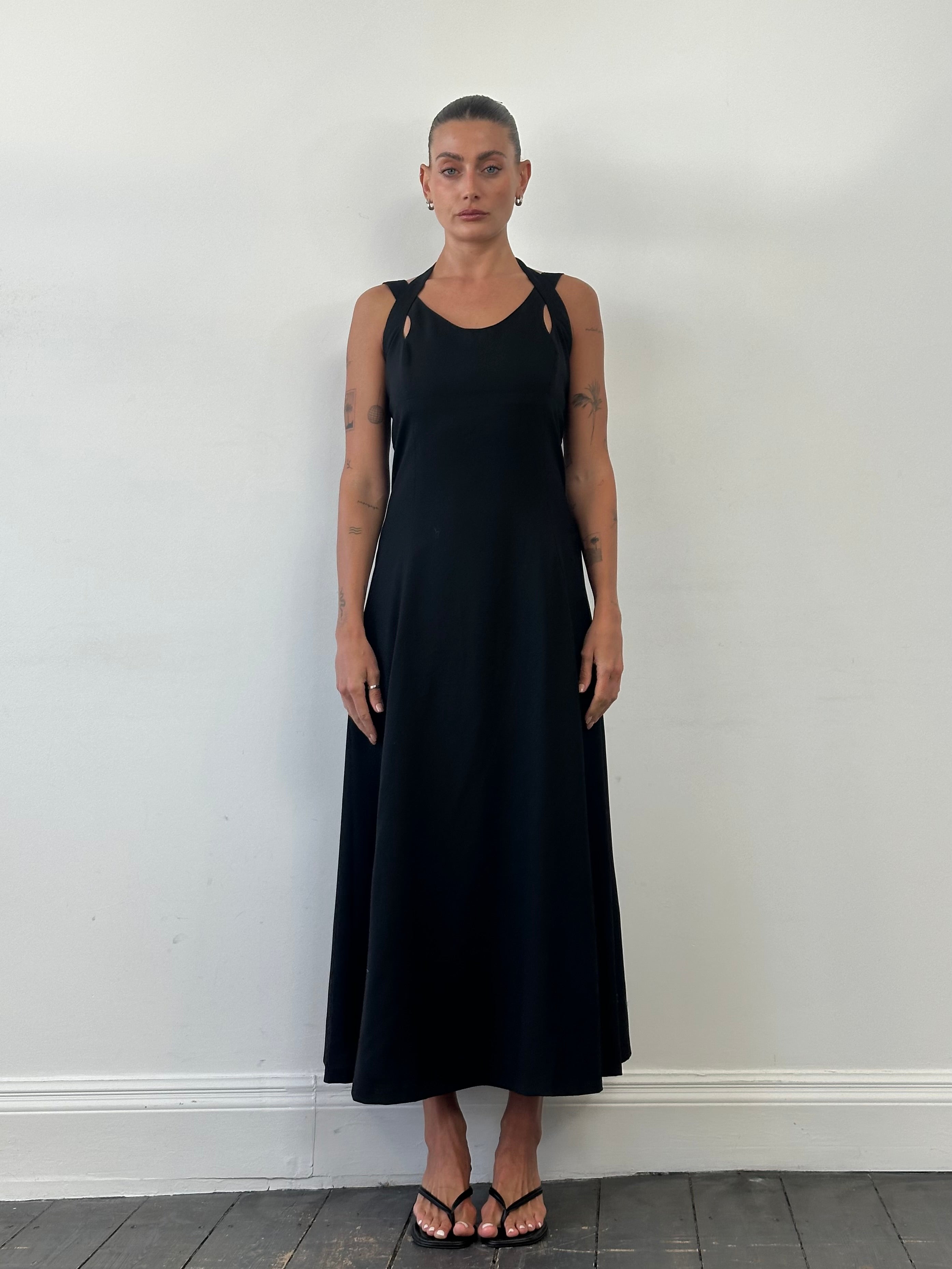 Vintage double strap A-line maxi dress, size M, featuring a flowing silhouette and vintage-inspired design.