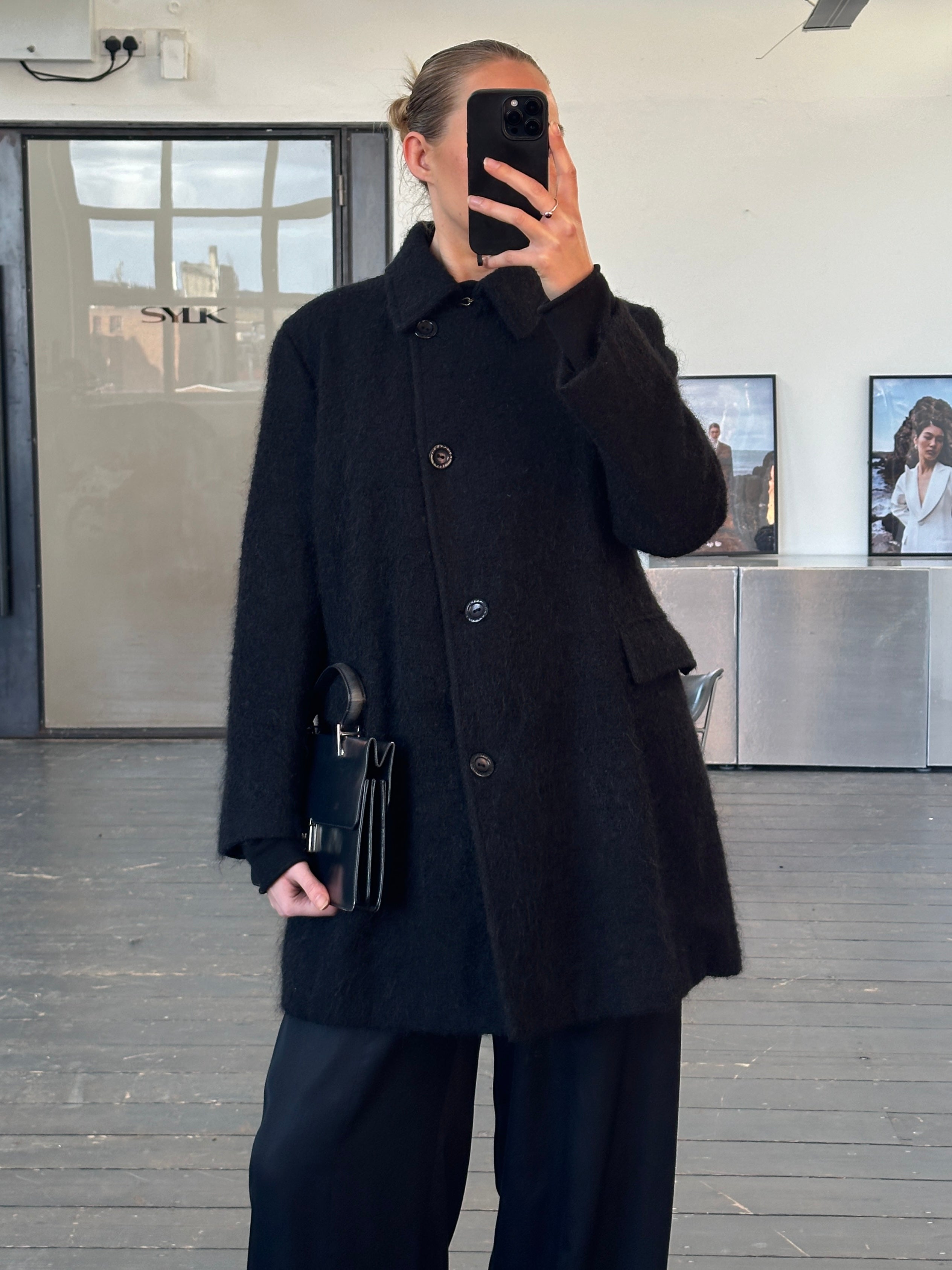Trussardi 2000s virgin wool mohair single-breasted coat in size M, showcasing classic tailored design and luxurious fabric.
