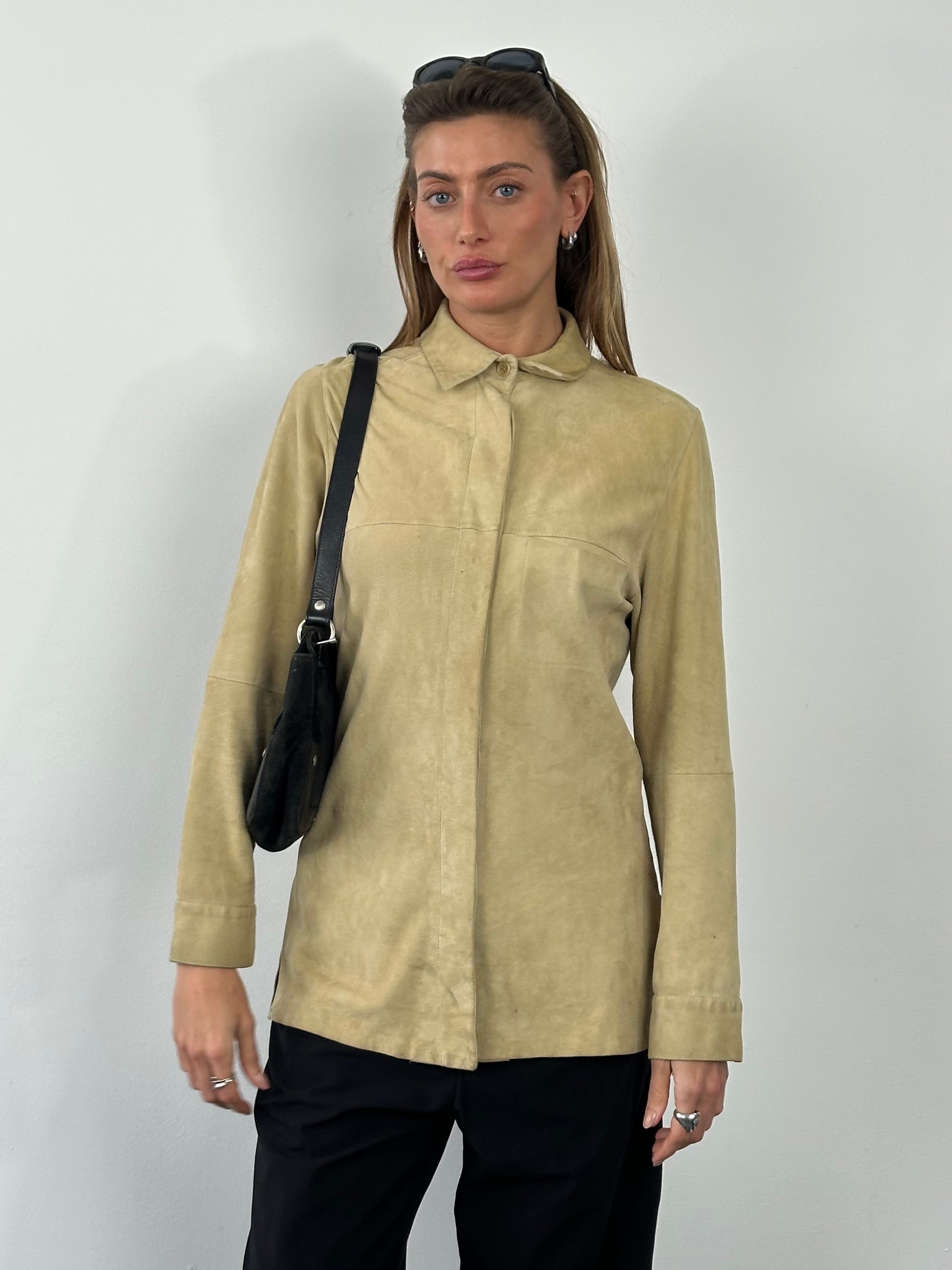 Marella 1990s suede minimal shirt in beige with a classic collar and button-front design, displayed on a neutral background.