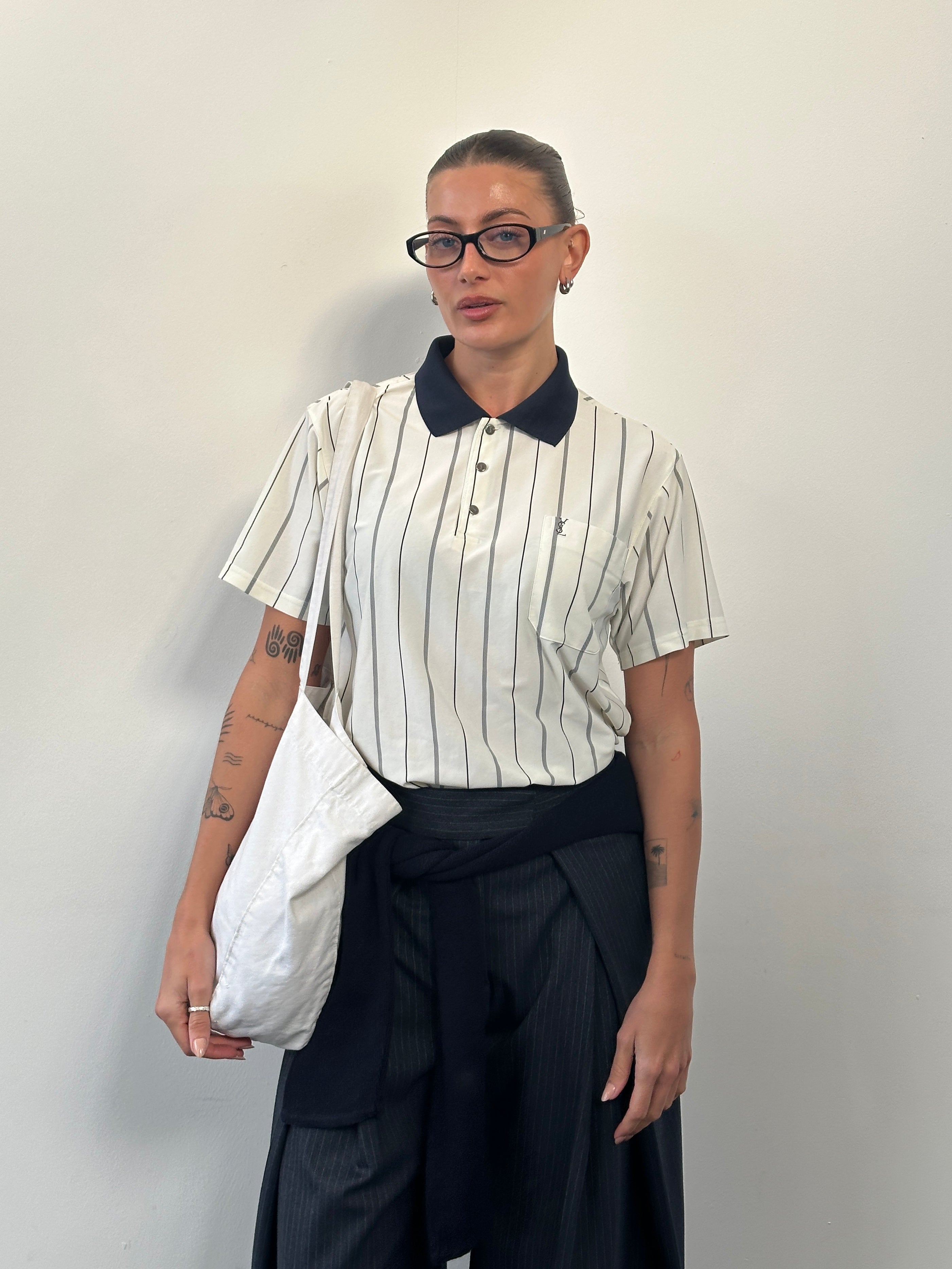 Yves Saint Laurent 1990s pure silk stripe polo shirt in medium size, featuring a classic polo collar and multicolored vertical stripes.