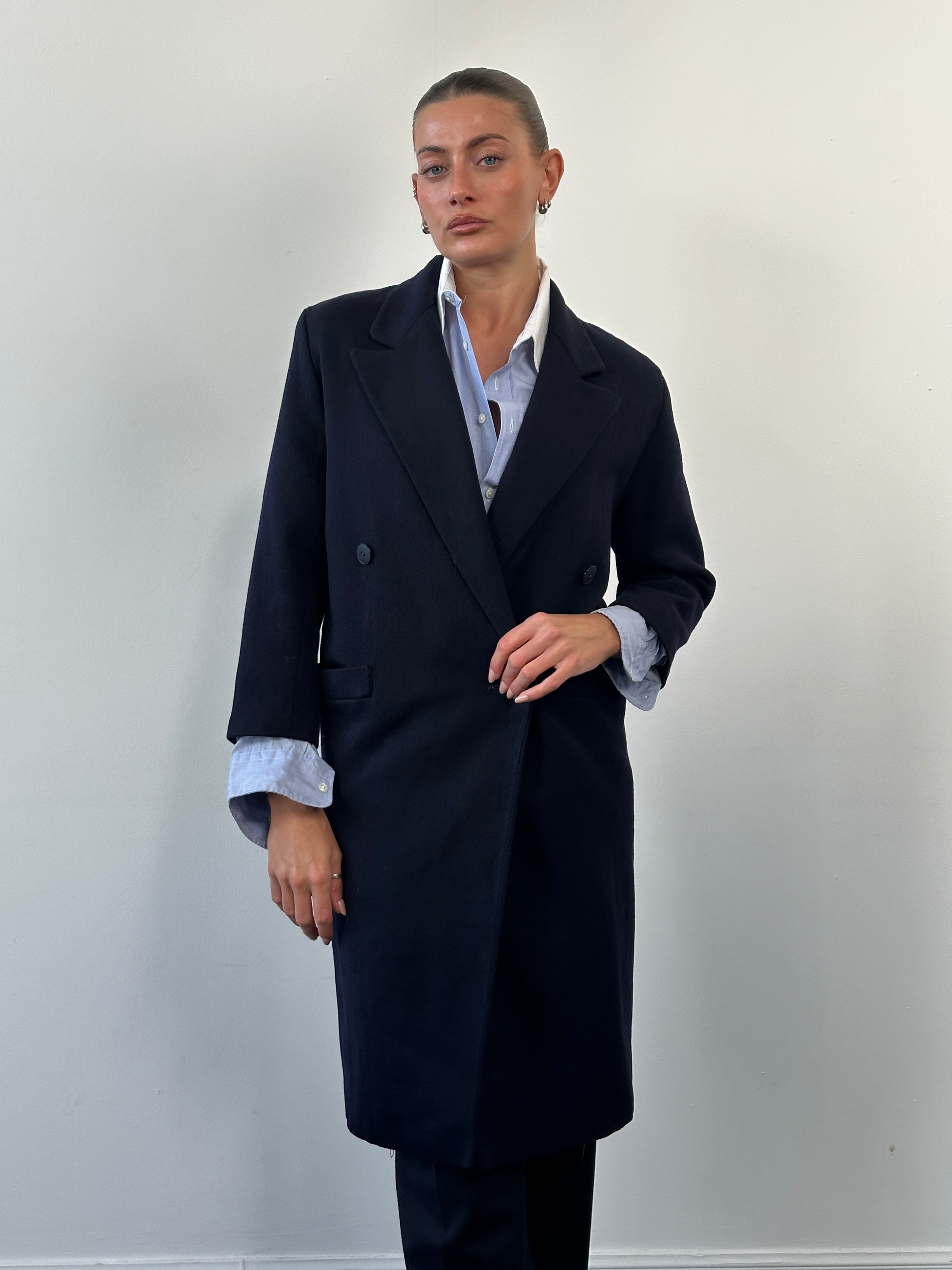 Christian Dior 1980s women's pure wool double-breasted coat in size S, showcasing classic tailoring and elegant design.