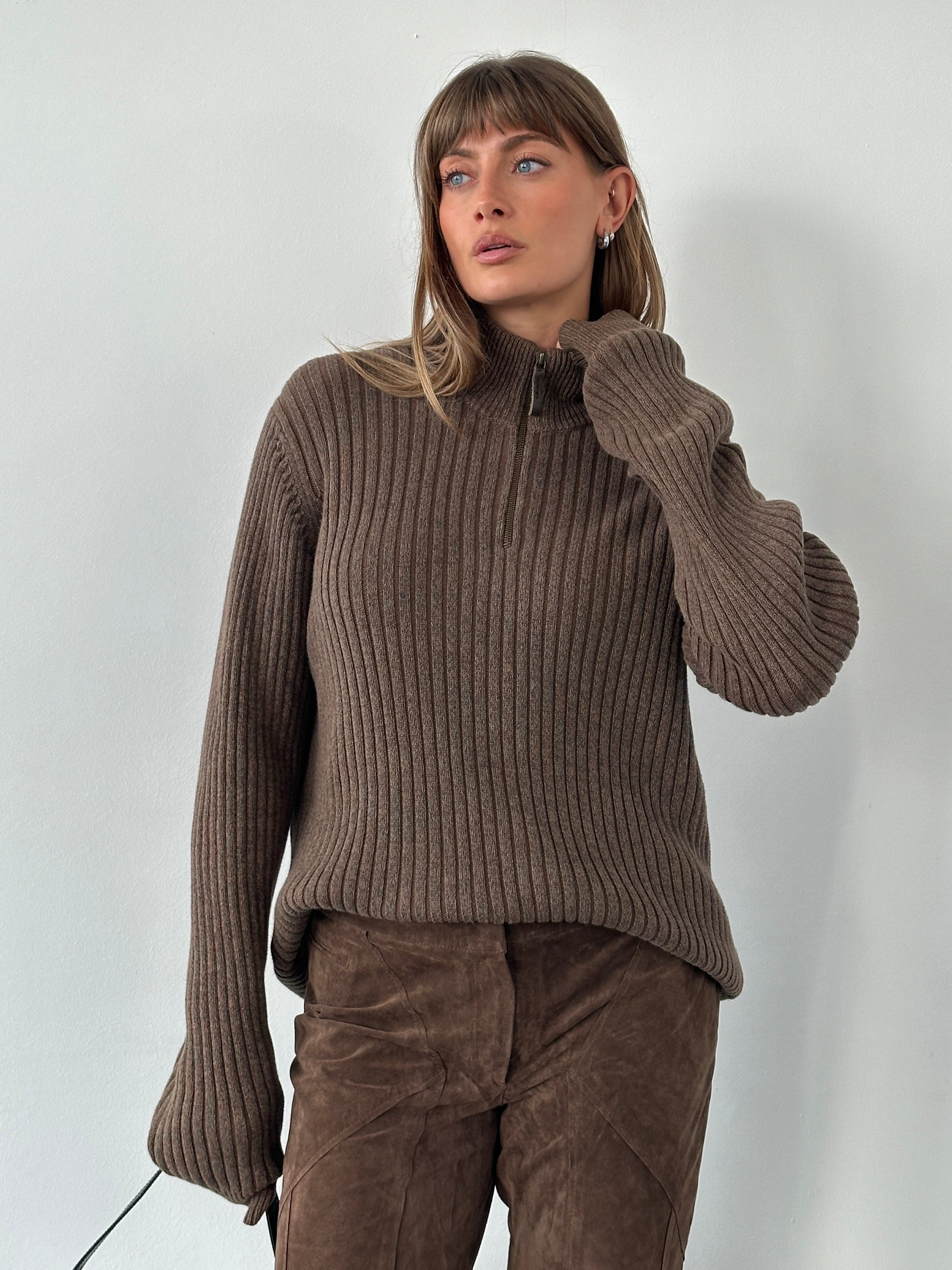 Calvin Klein Jeans 2000s pure cotton ribbed half-zip sweater in XL, featuring a high collar and textured knit fabric.