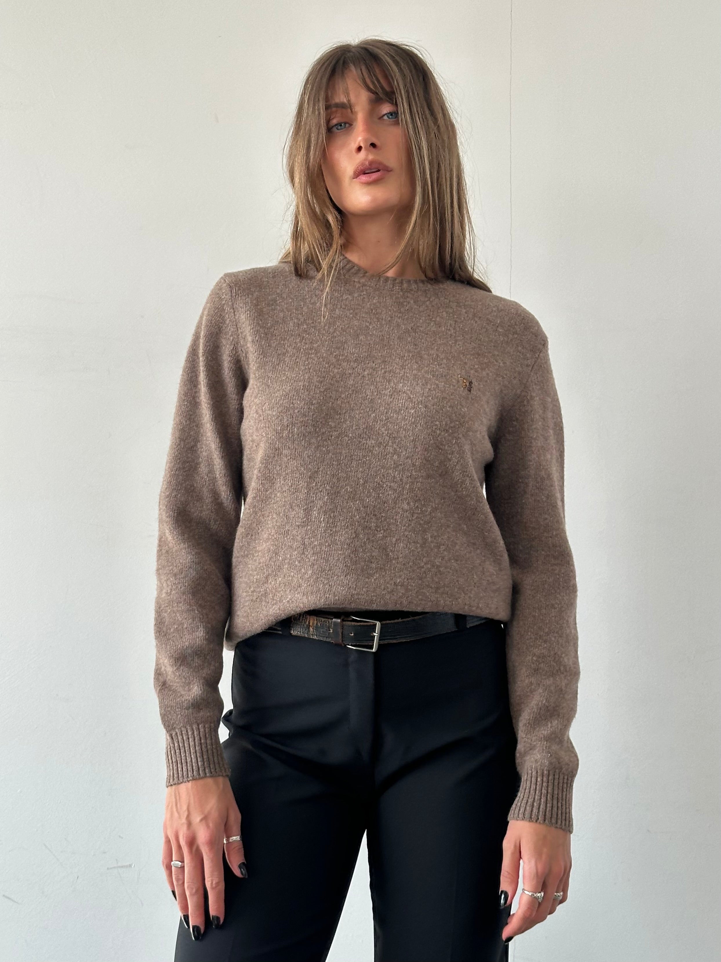 Trussardi wool crew neck jumper in size M, featuring a classic knit design and soft texture, displayed on a neutral background.
