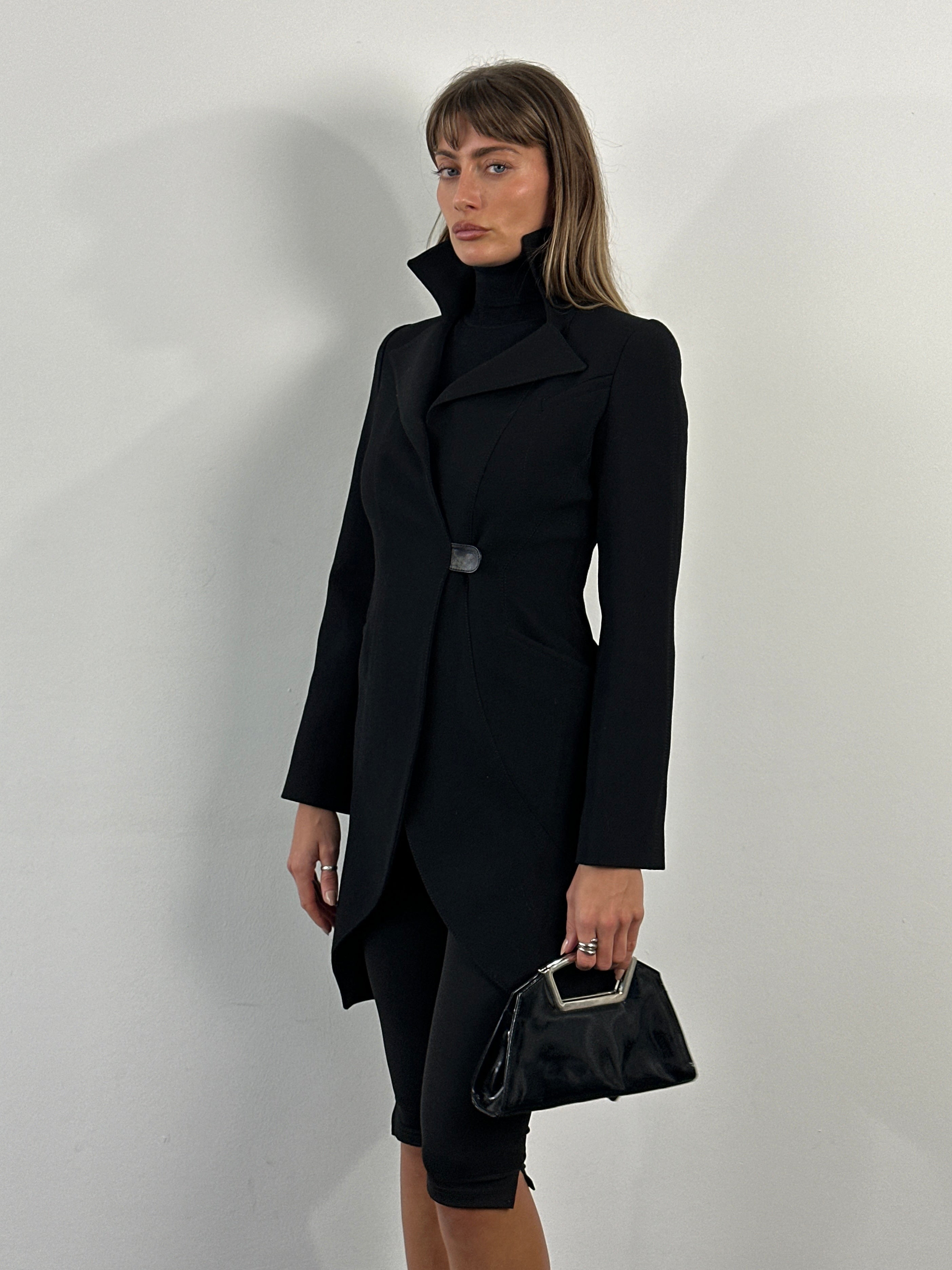 Emporio Armani 2000s pure wool tailored coat in size S, shown on a hanger, featuring a classic design with a structured fit.