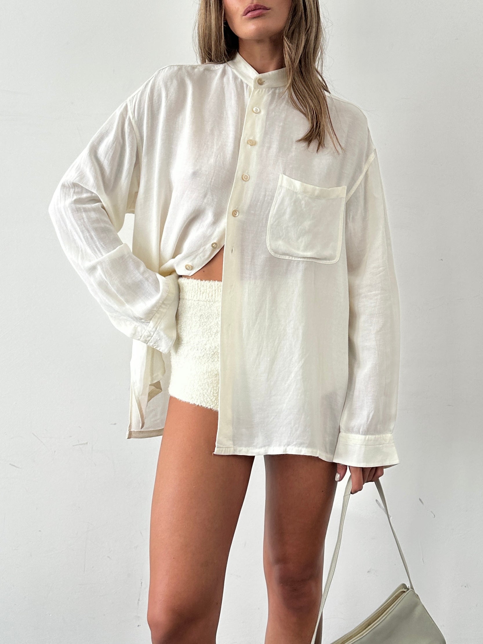 Byblos Italian linen sheer slide split shirt in XL, featuring lightweight, breathable fabric and elegant design details.