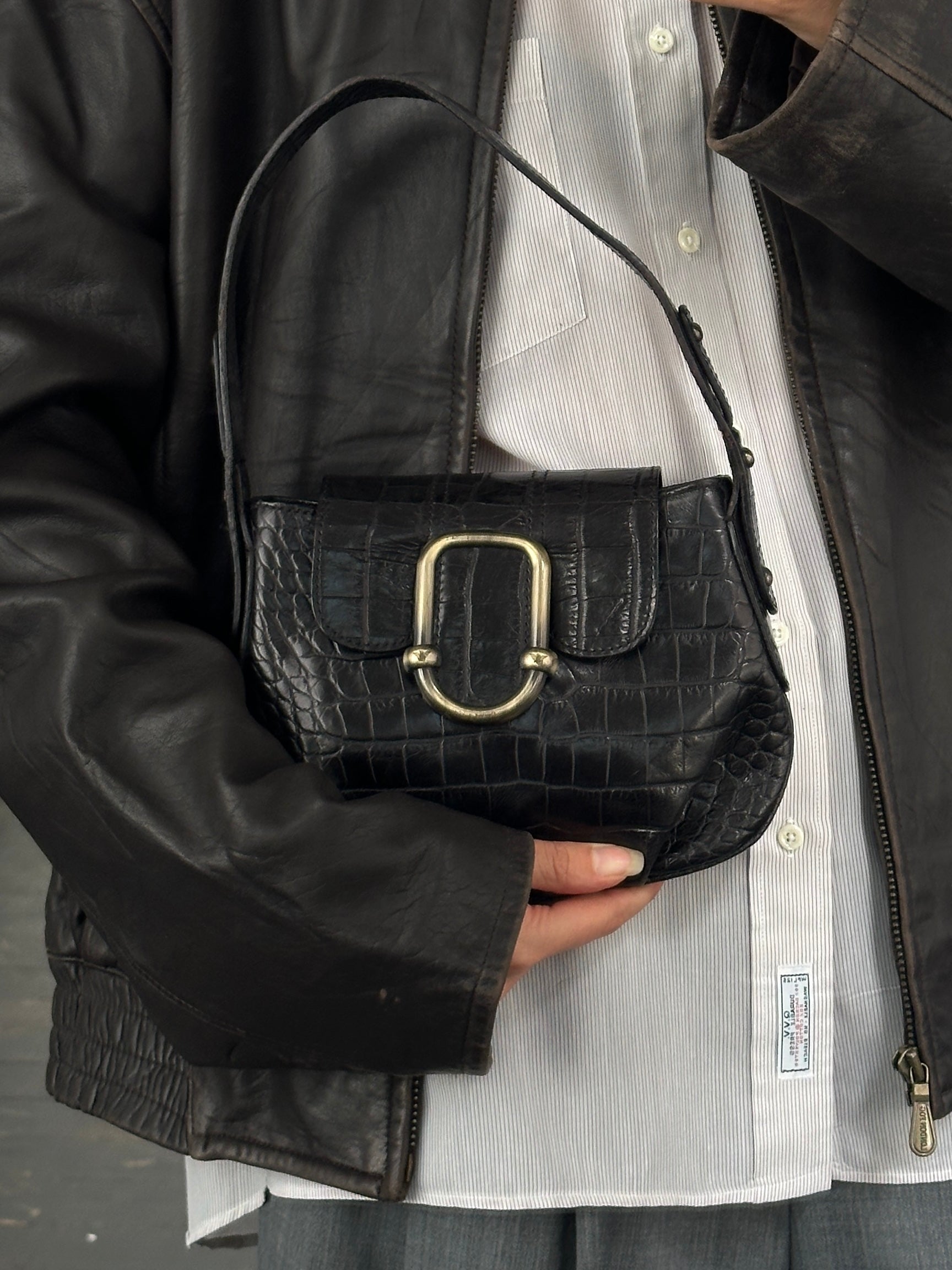 Emporio Armani 1990s croc leather shoulder bag with hardware detailing, stylish and luxurious accessory for fashion-forward looks.