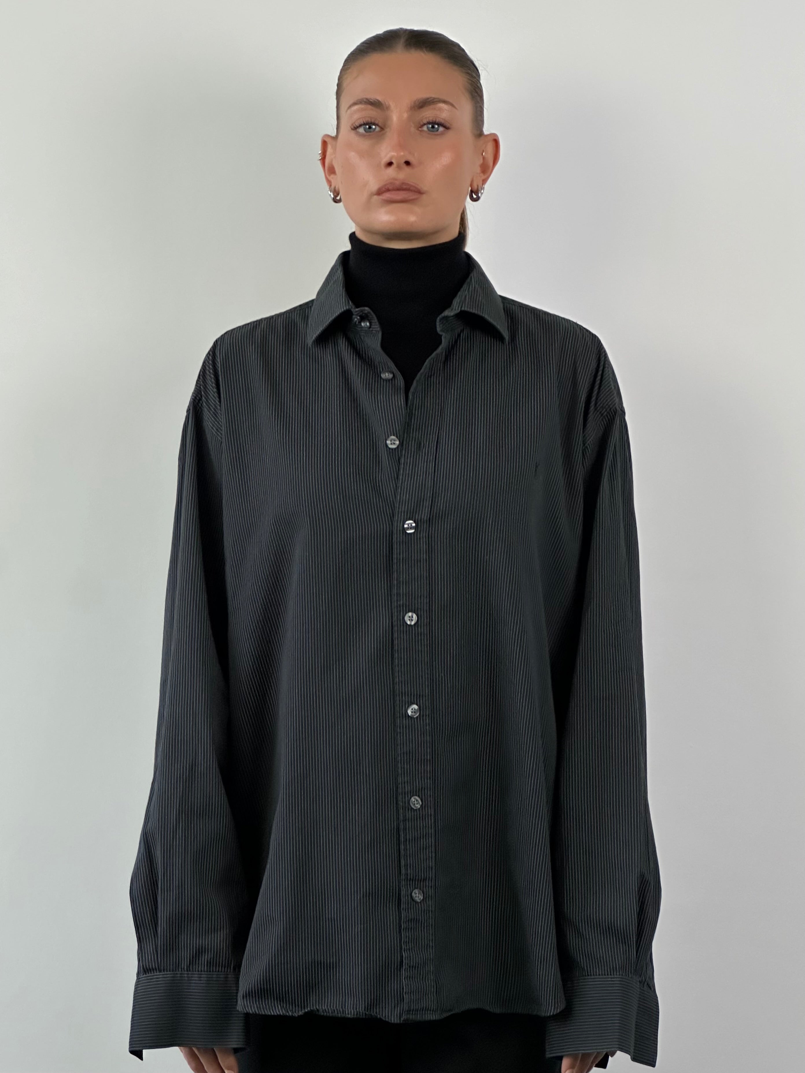 Yves Saint Laurent Pour Homme pure cotton stripe shirt in XL with blue and white vertical stripes, button-down collar, and long sleeves.