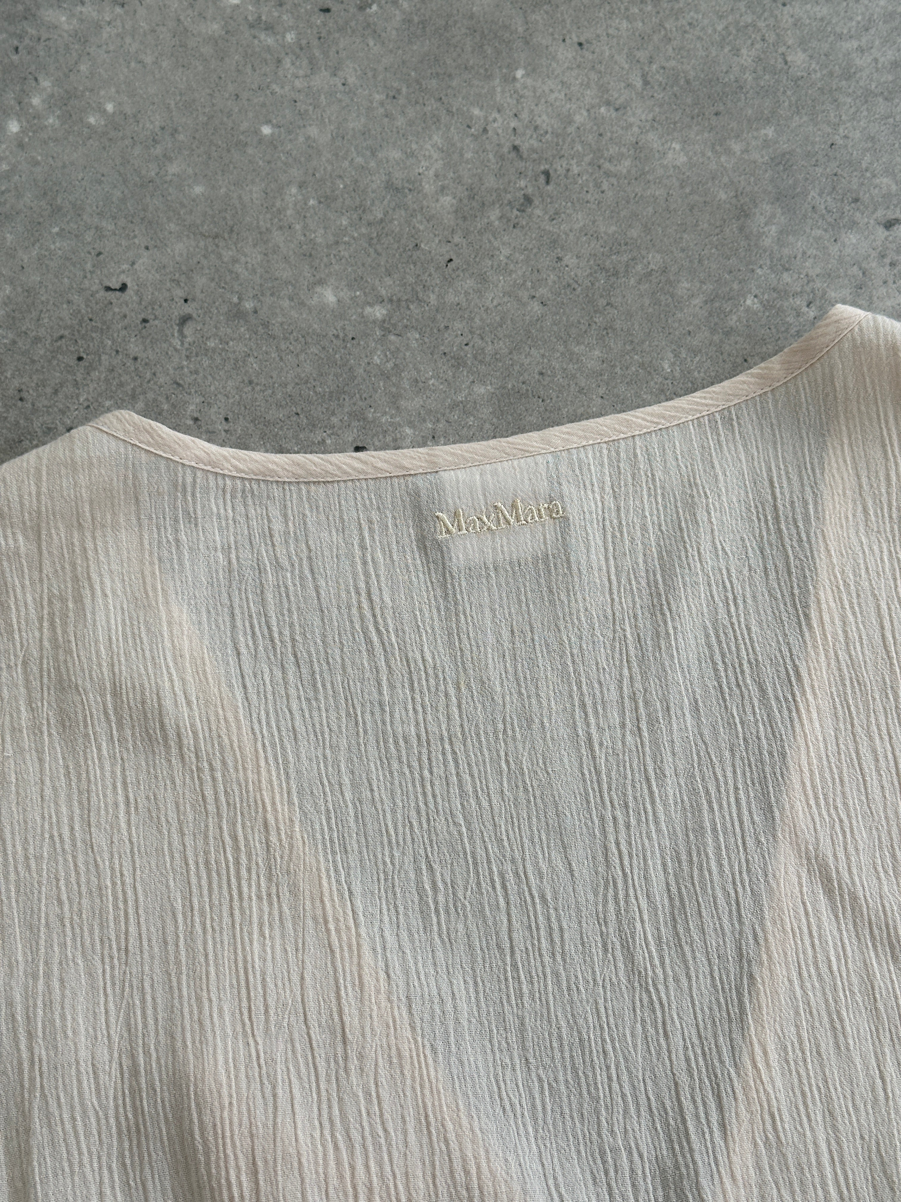 Max Mara pure cotton floor-length sun dress in UK12, featuring a flowing design and sleeveless style for warm weather.