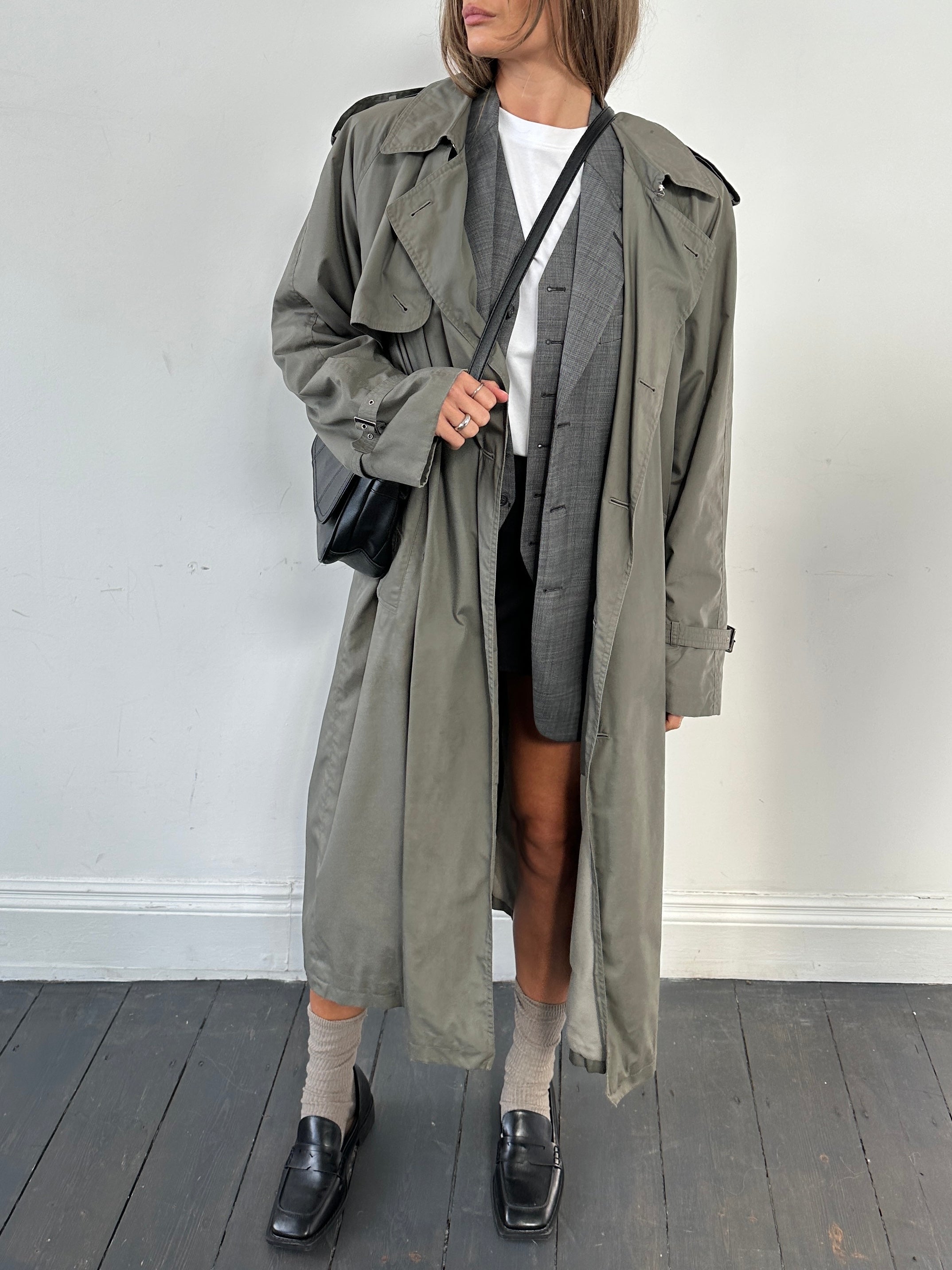 Pierre Cardin belted cotton blend trench coat in size XL, displayed on a model showing front view and stylish design details.