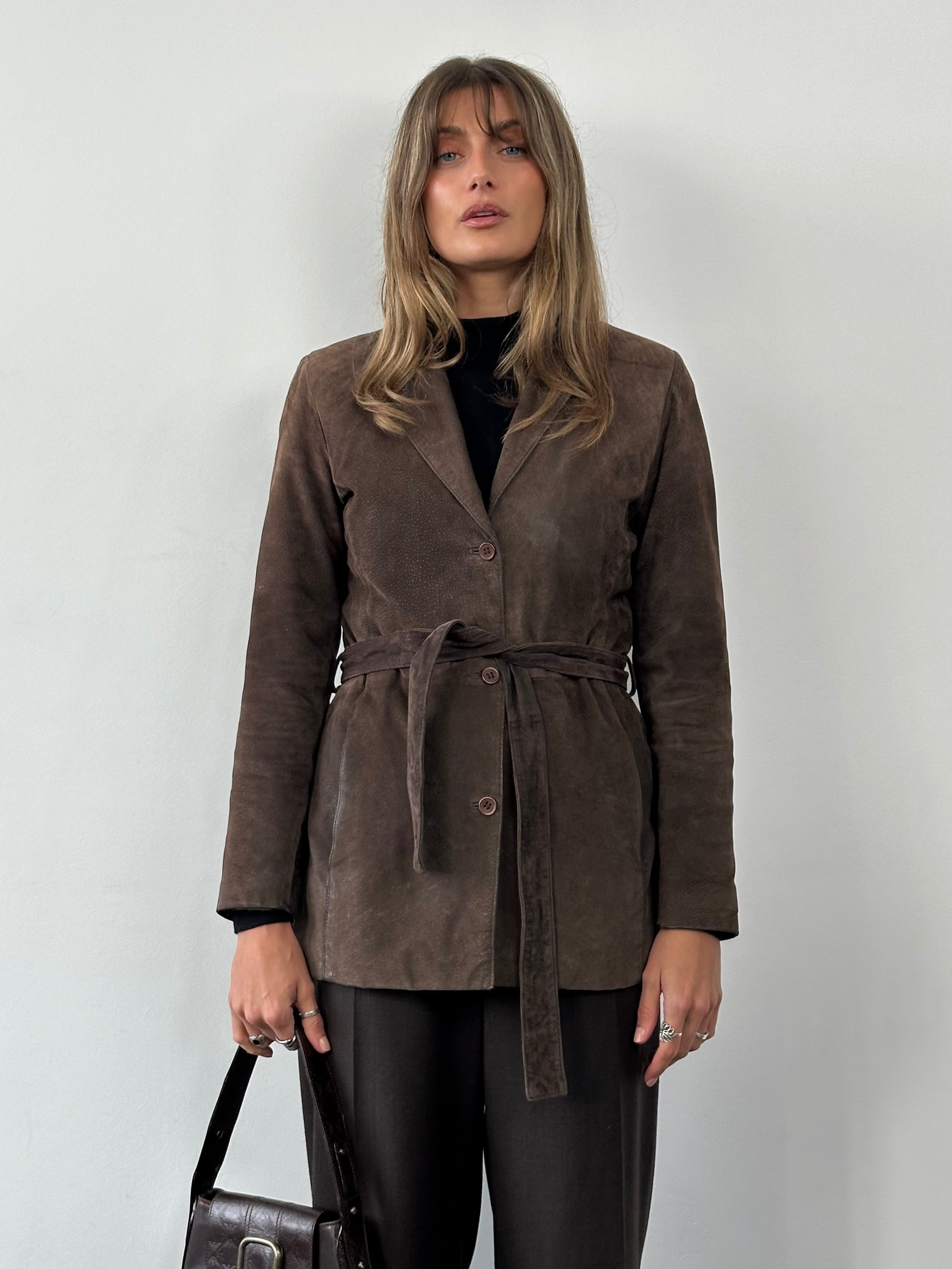 Vintage leather jacket with suede finish and belted waist, size S/M, stylish retro men's or women's outerwear.