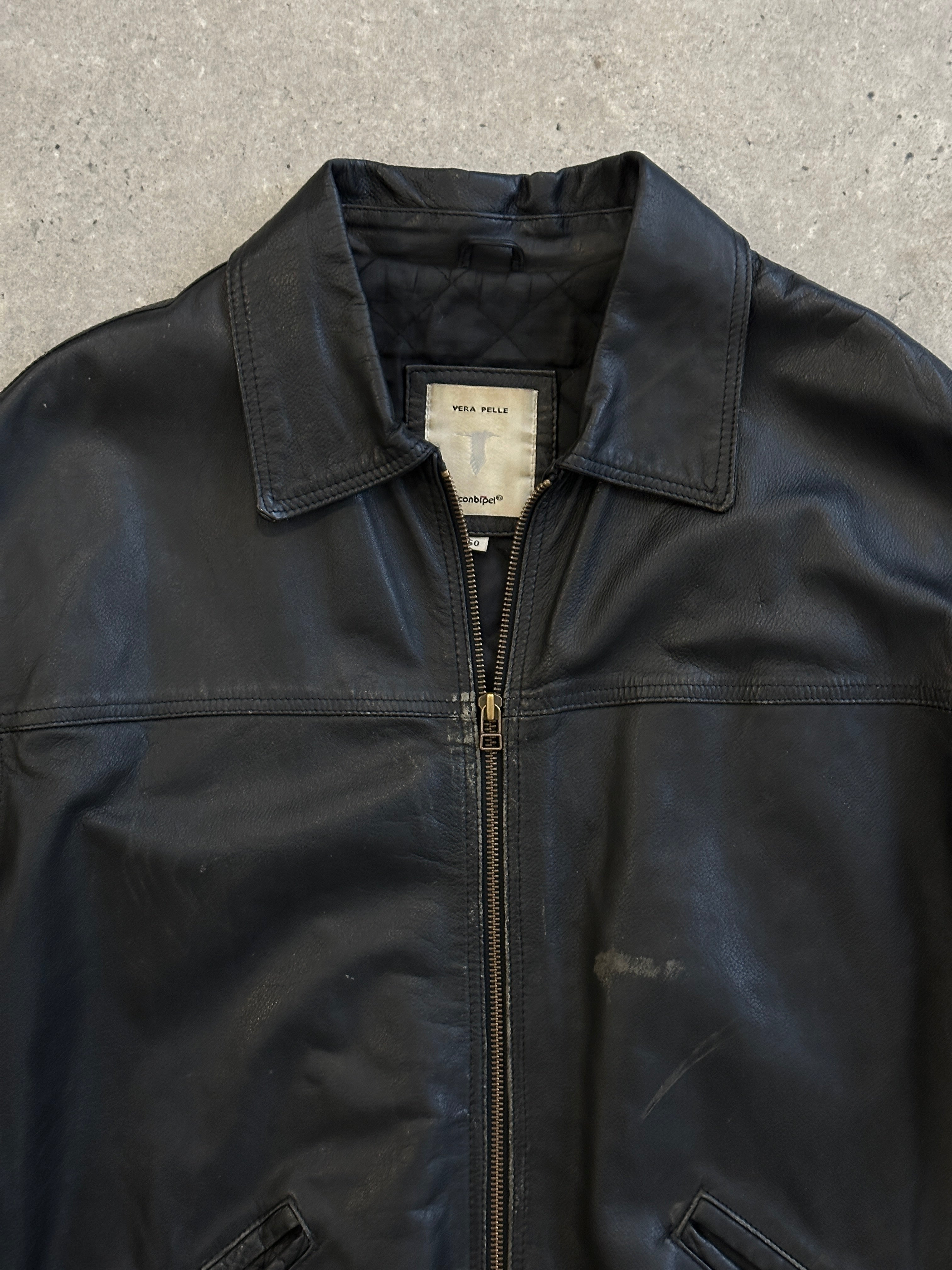 Conbipel distressed leather jacket in size L, featuring a rugged design with distressed leather finish and classic collar detail.