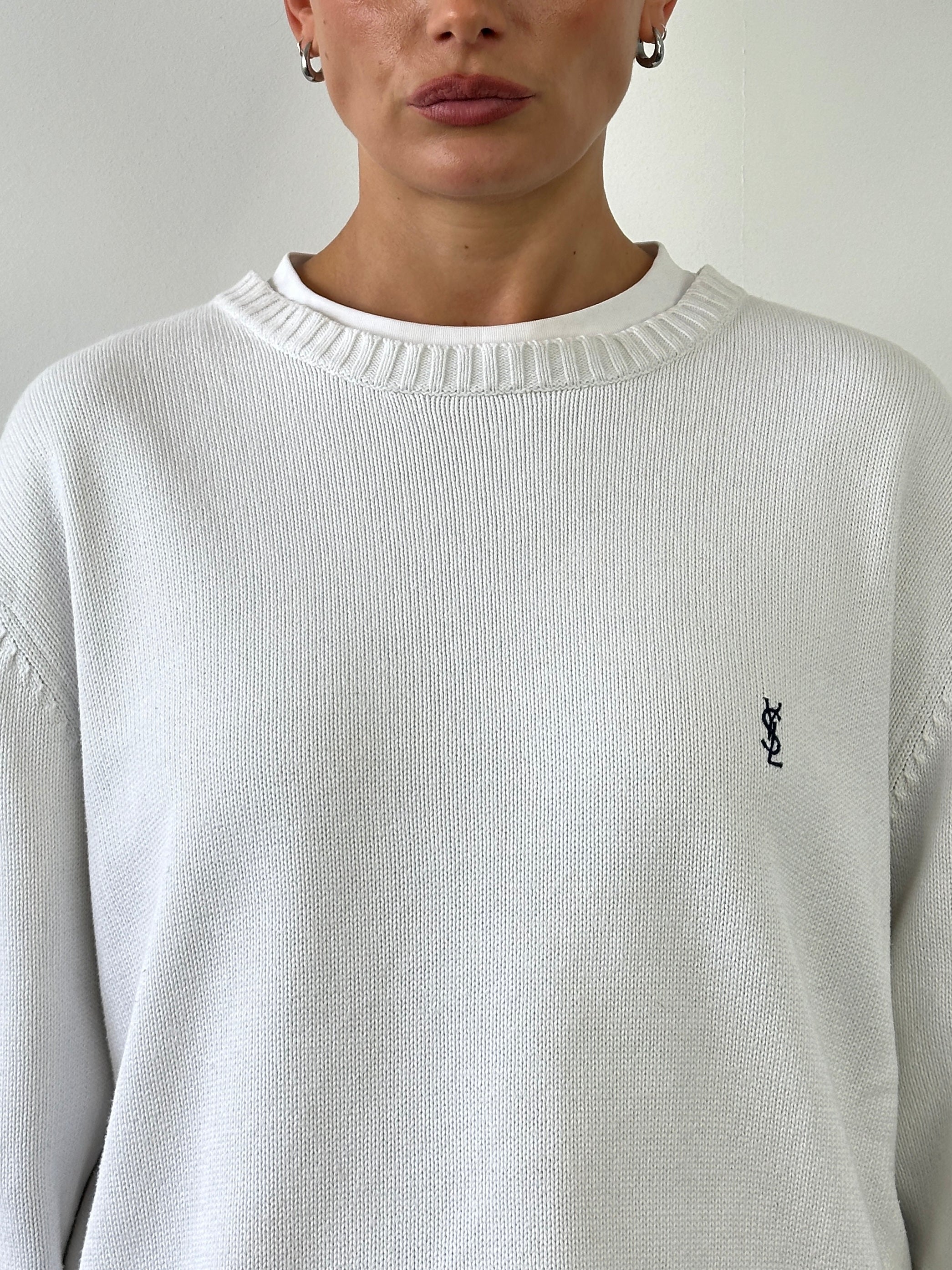 Yves Saint Laurent Pour Homme 2000s pure cotton knitted logo jumper in size L, featuring the iconic YSL logo on the front.