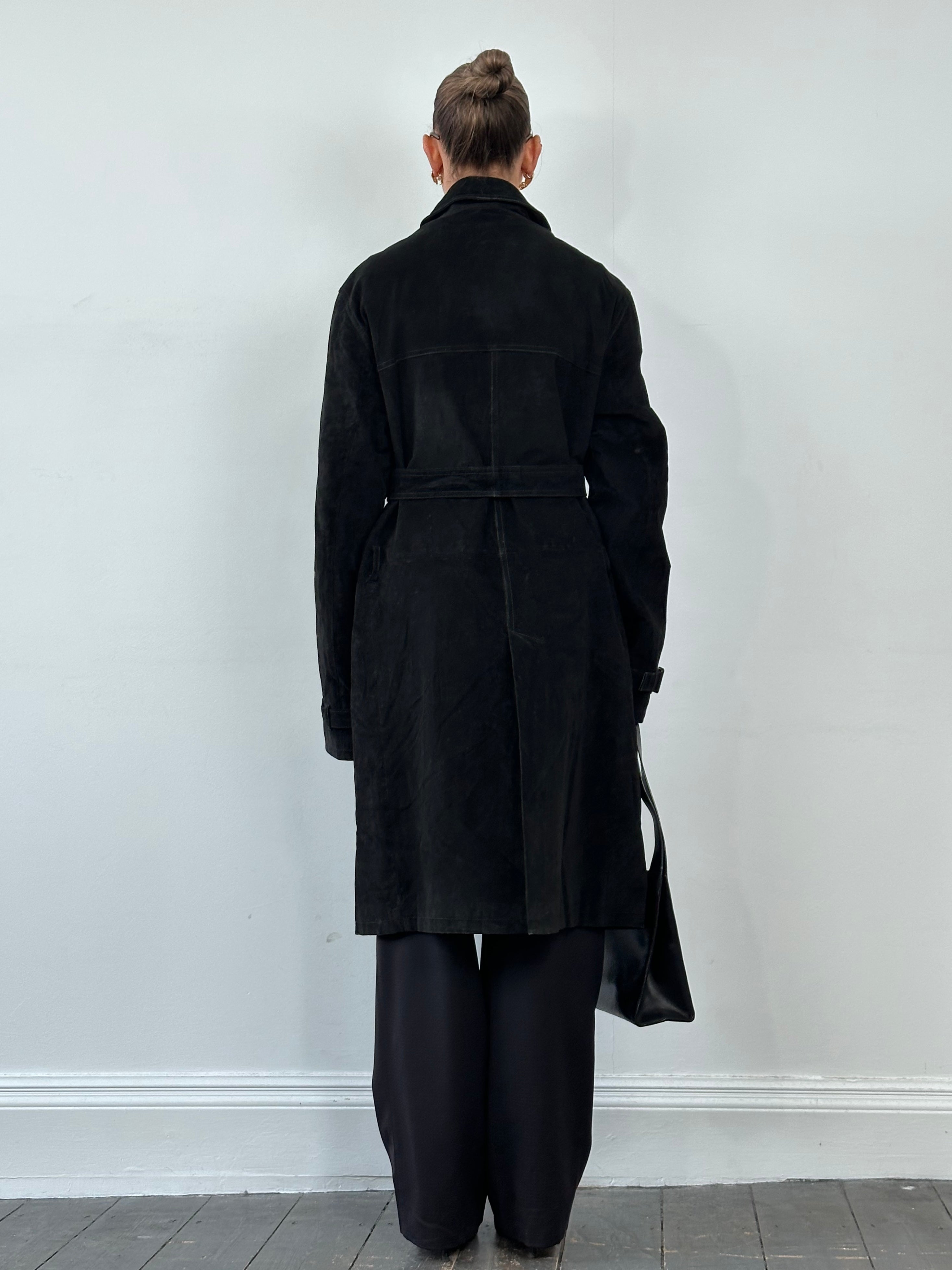 Calvin Klein CK 1990s suede belted trench coat in XXL, featuring classic leather jacket design with a waist belt and vintage style.
