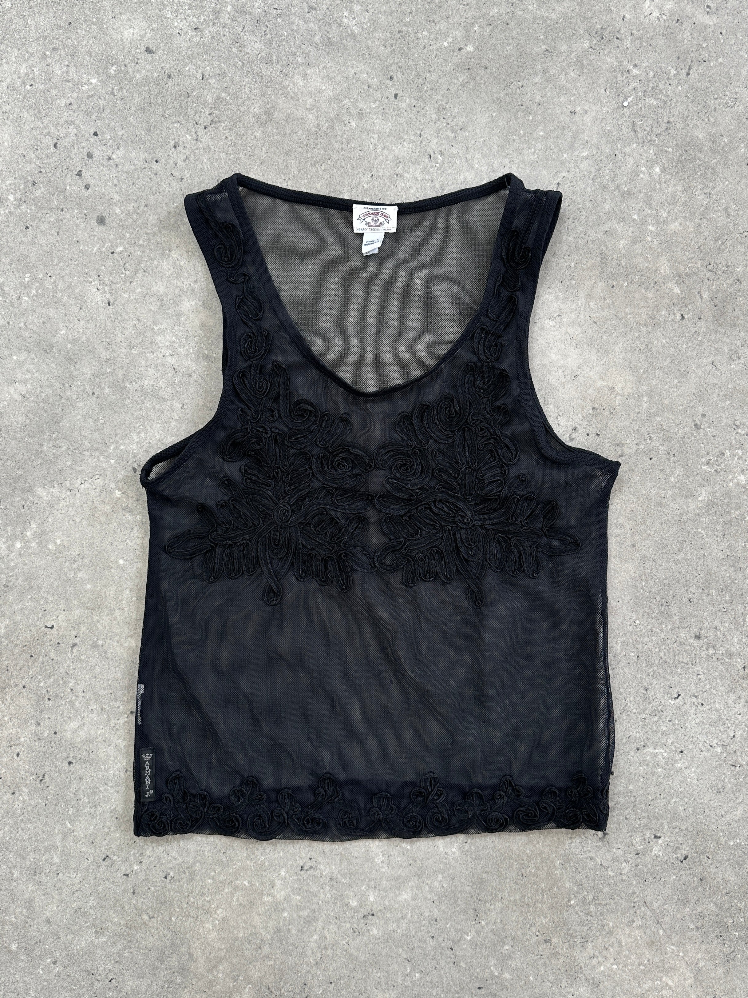 Armani Jeans sheer appliqué vest top in size small, featuring delicate fabric and stylish design, ideal for casual or layered looks.