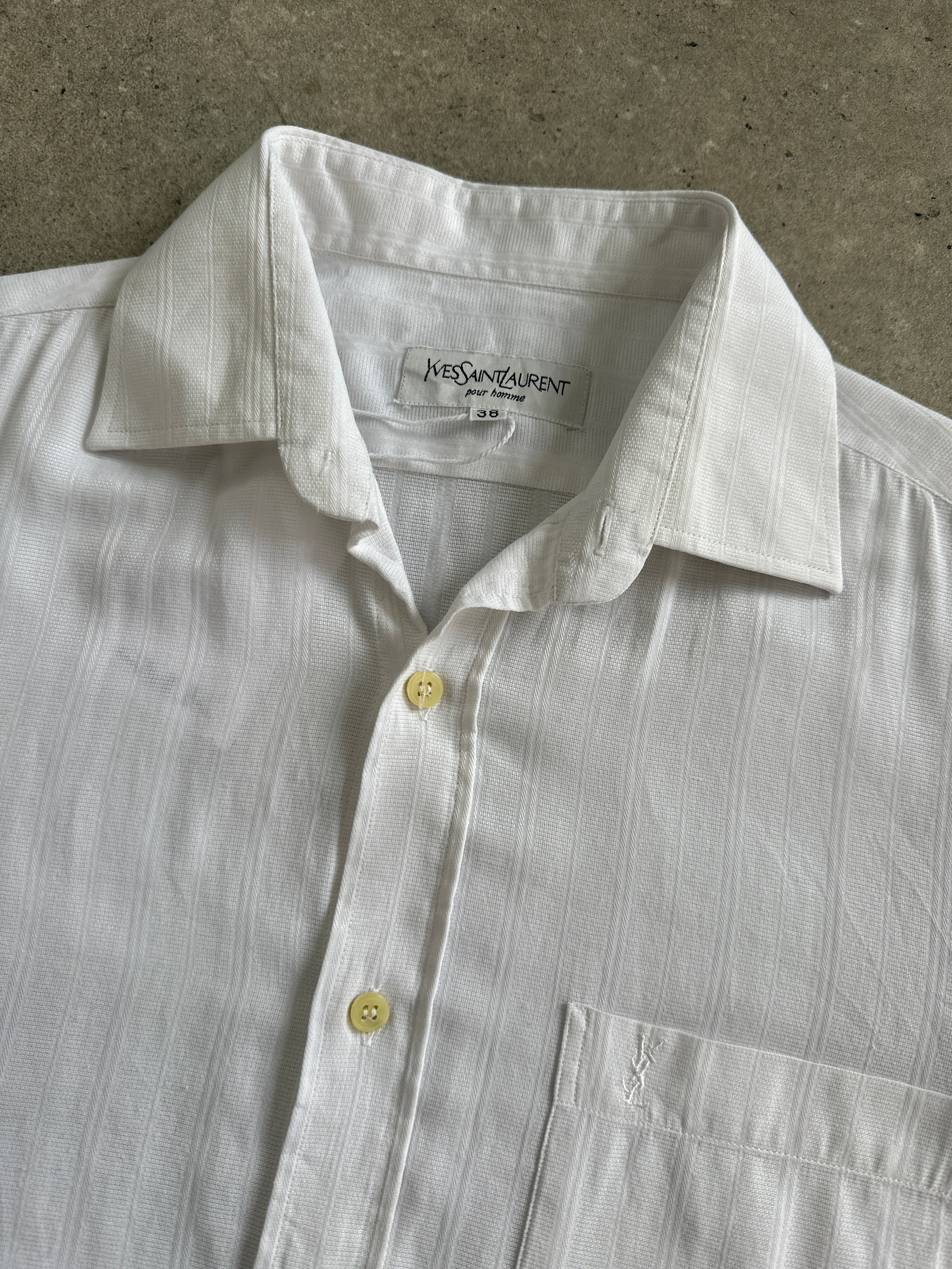Yves Saint Laurent Pour Homme 1990s cotton logo shirt, men's medium, white shirt with YSL branding visible in the image
