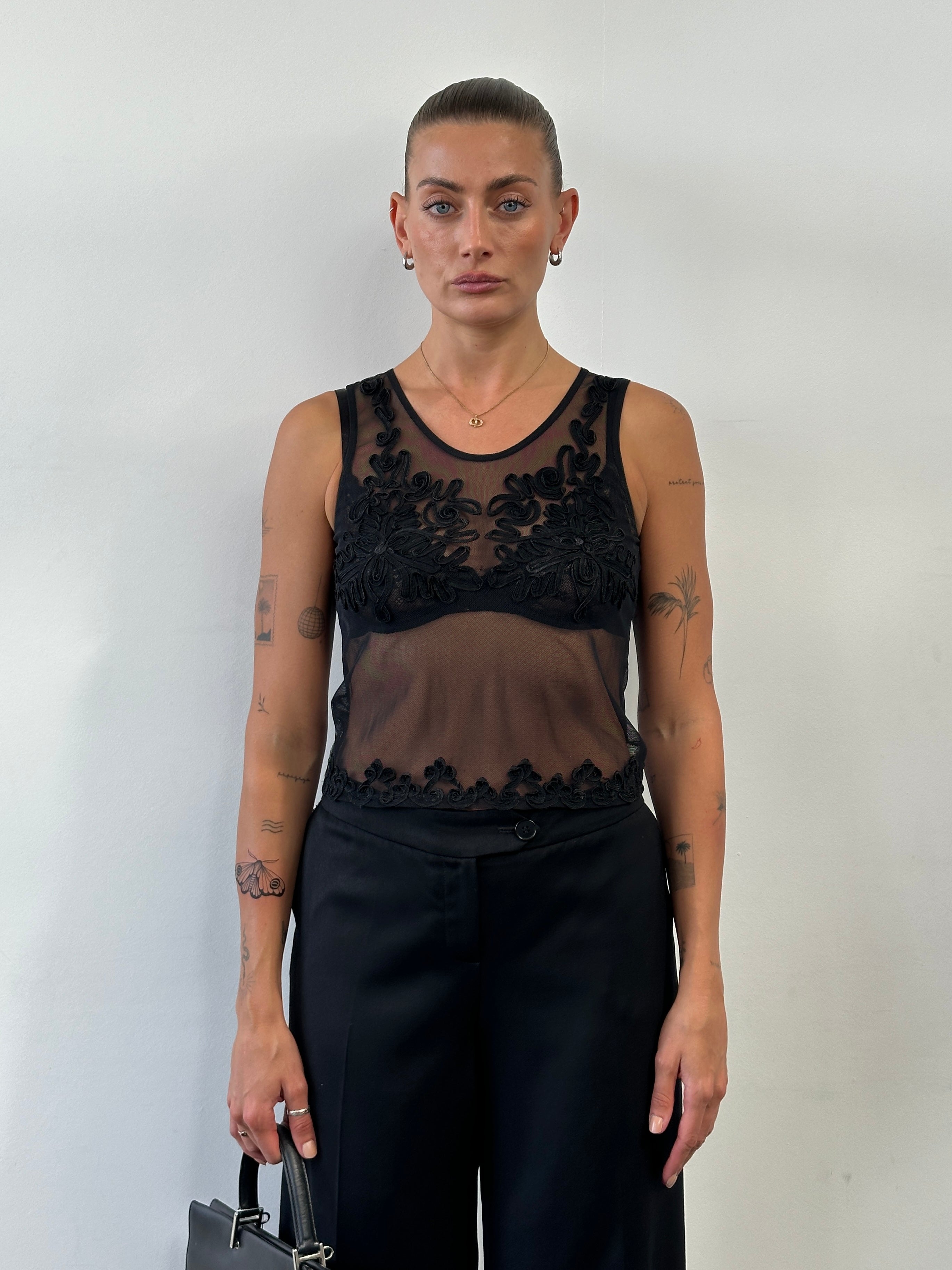 Armani Jeans sheer vest top with appliqué details, sleeveless design, lightweight fabric, in size S.