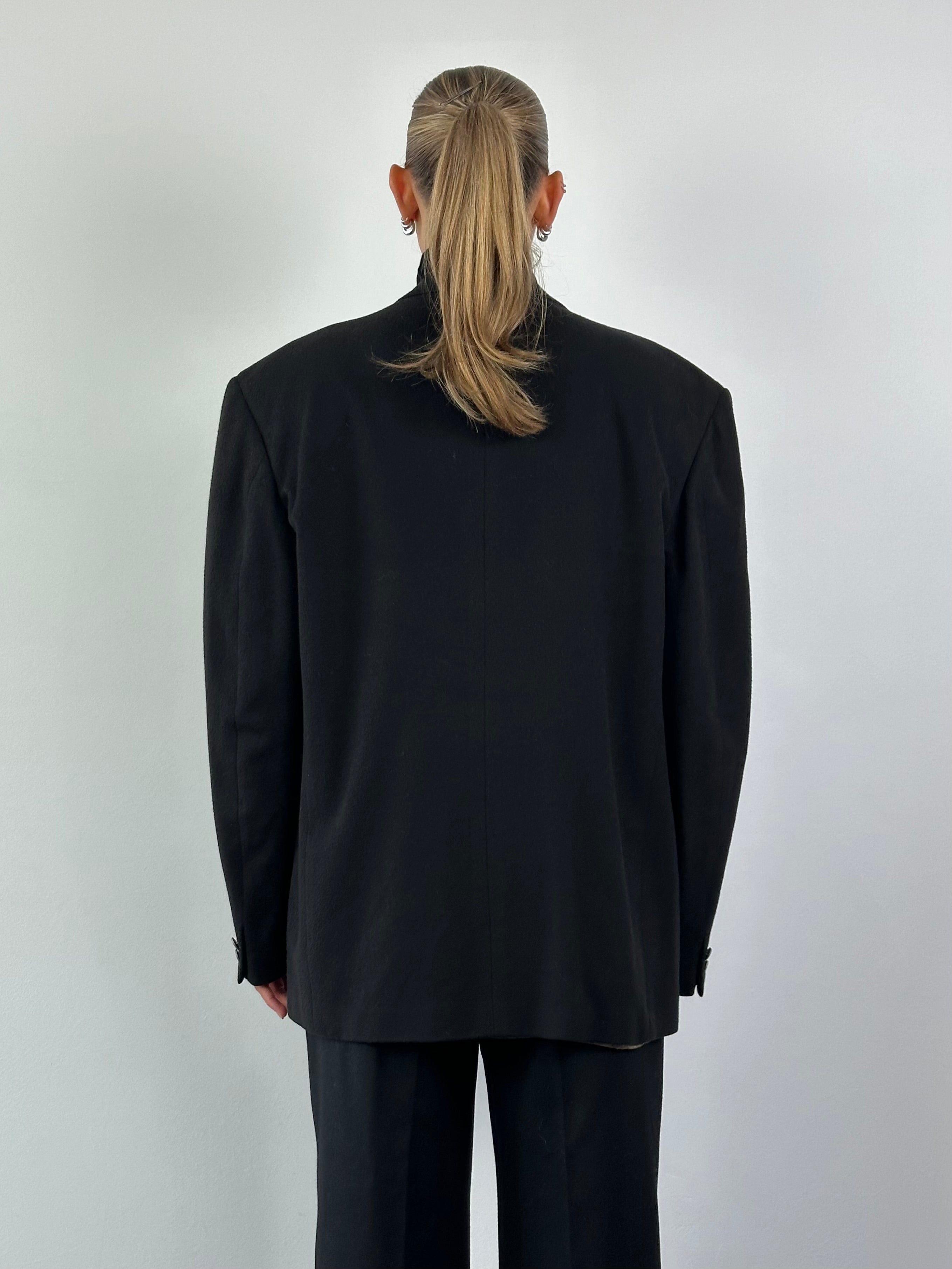 Vintage Italian brushed wool cashmere double-breasted blazer in size 44R/XL, showcasing classic tailored design and rich fabric texture.