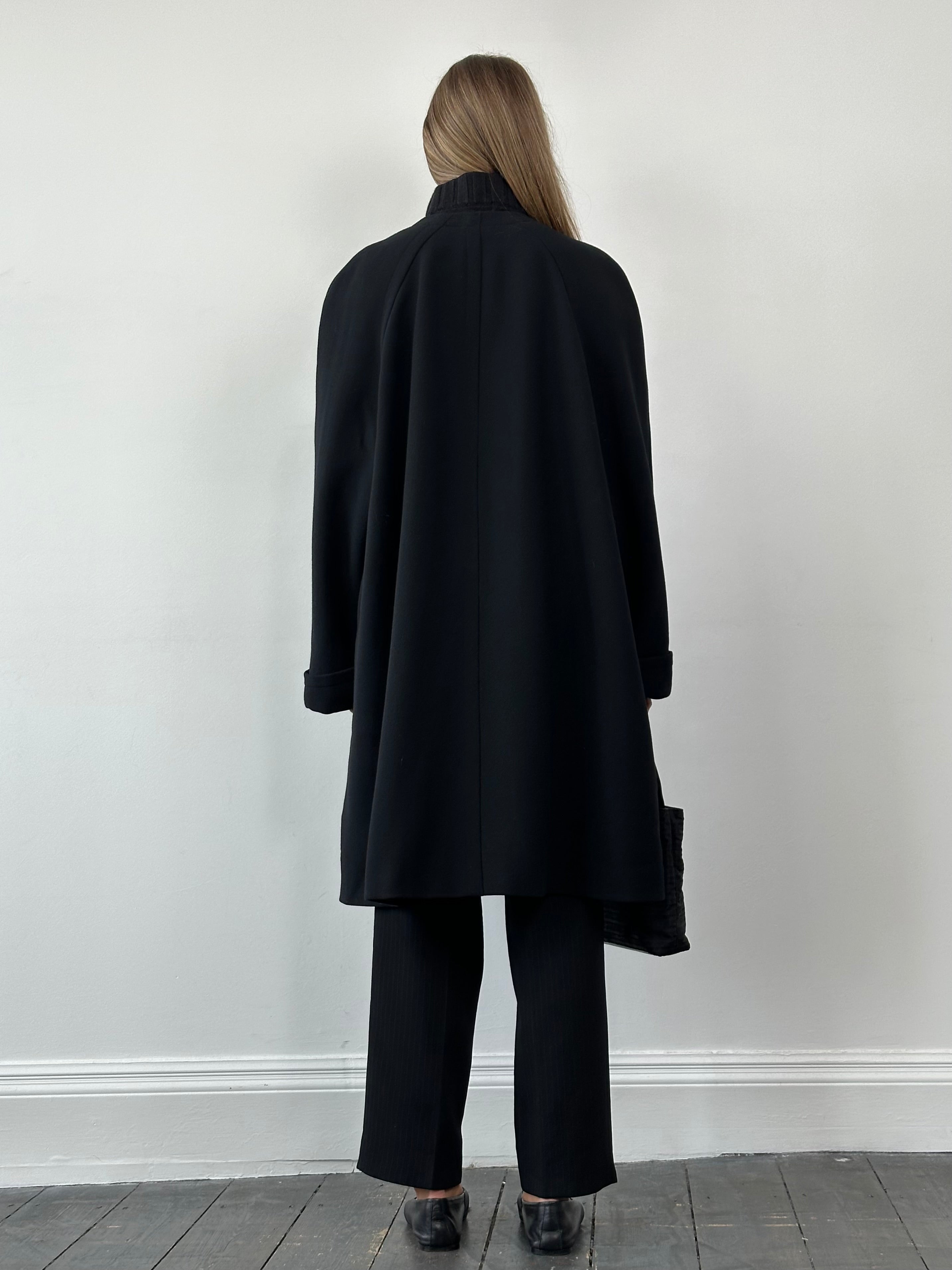 Gianfranco Ferre pure wool A-line collarless coat in XL, shown in a minimalist design with a sleek silhouette.