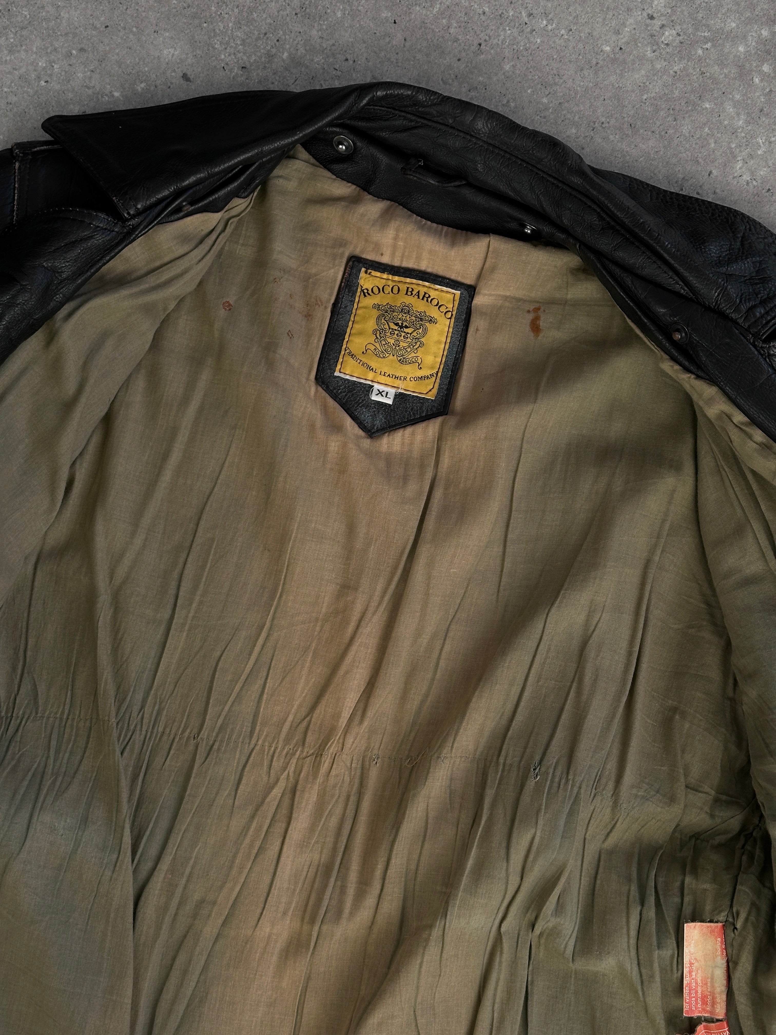 Vintage distressed leather jacket in XL, showcasing rugged texture and classic style from the Vintage brand.