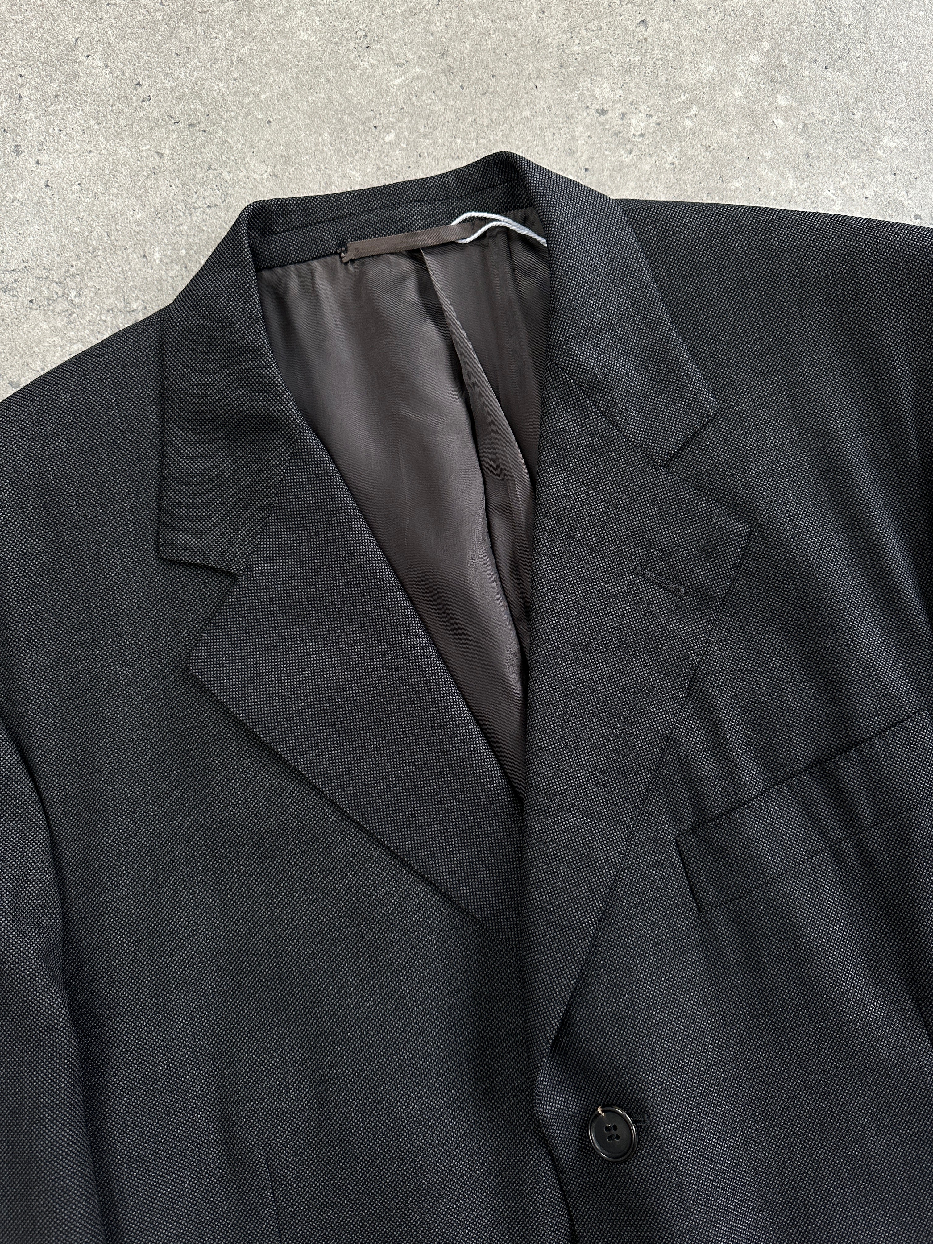 Loro Piana Hartwood 1990s pure Tasmanian wool single-breasted blazer in size 46R/XL, displayed on a hanger.