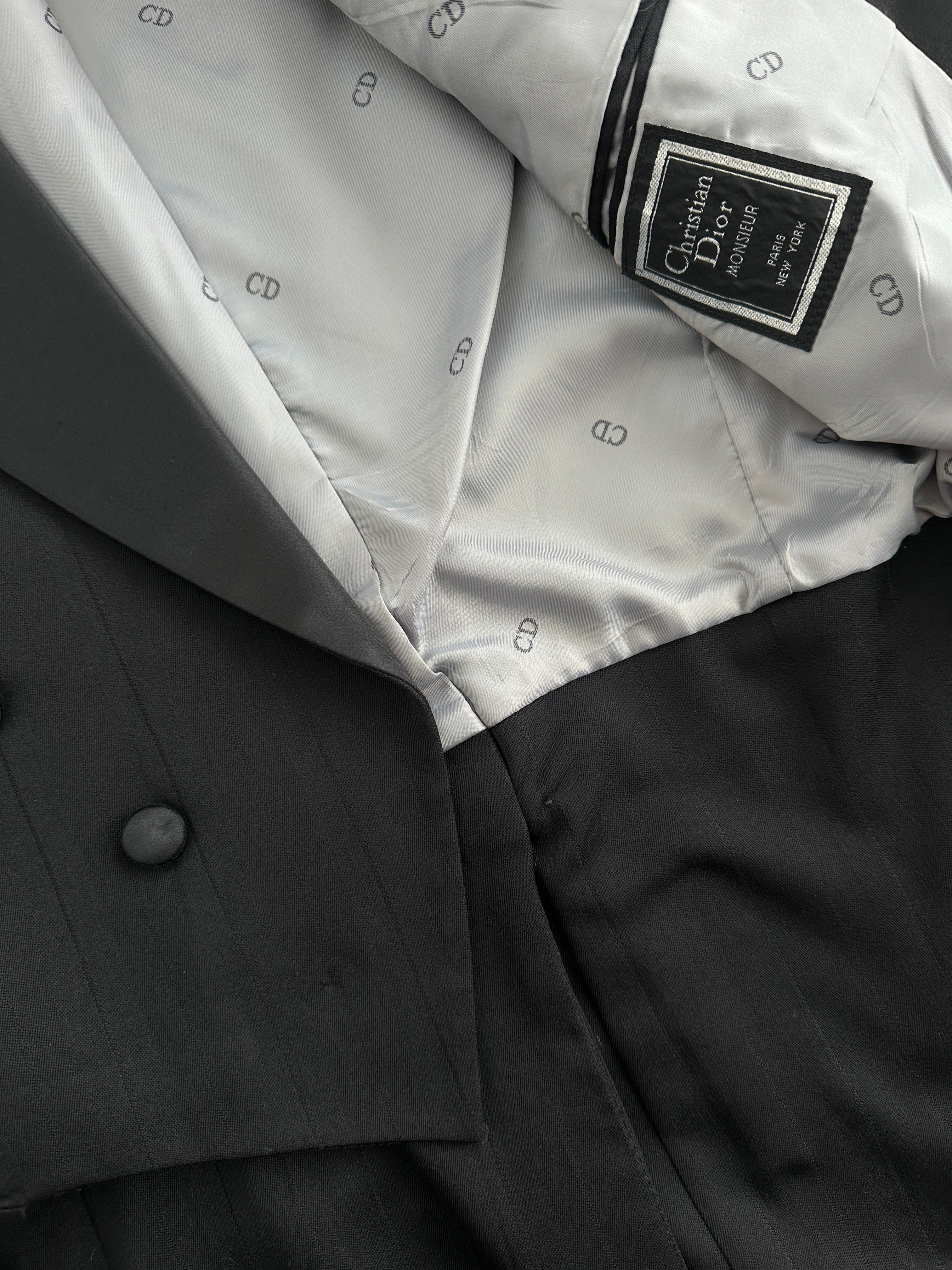 Christian Dior Monsieur 80s double-breasted tuxedo tailcoat blazer, tailored fit, classic black with satin lapels.