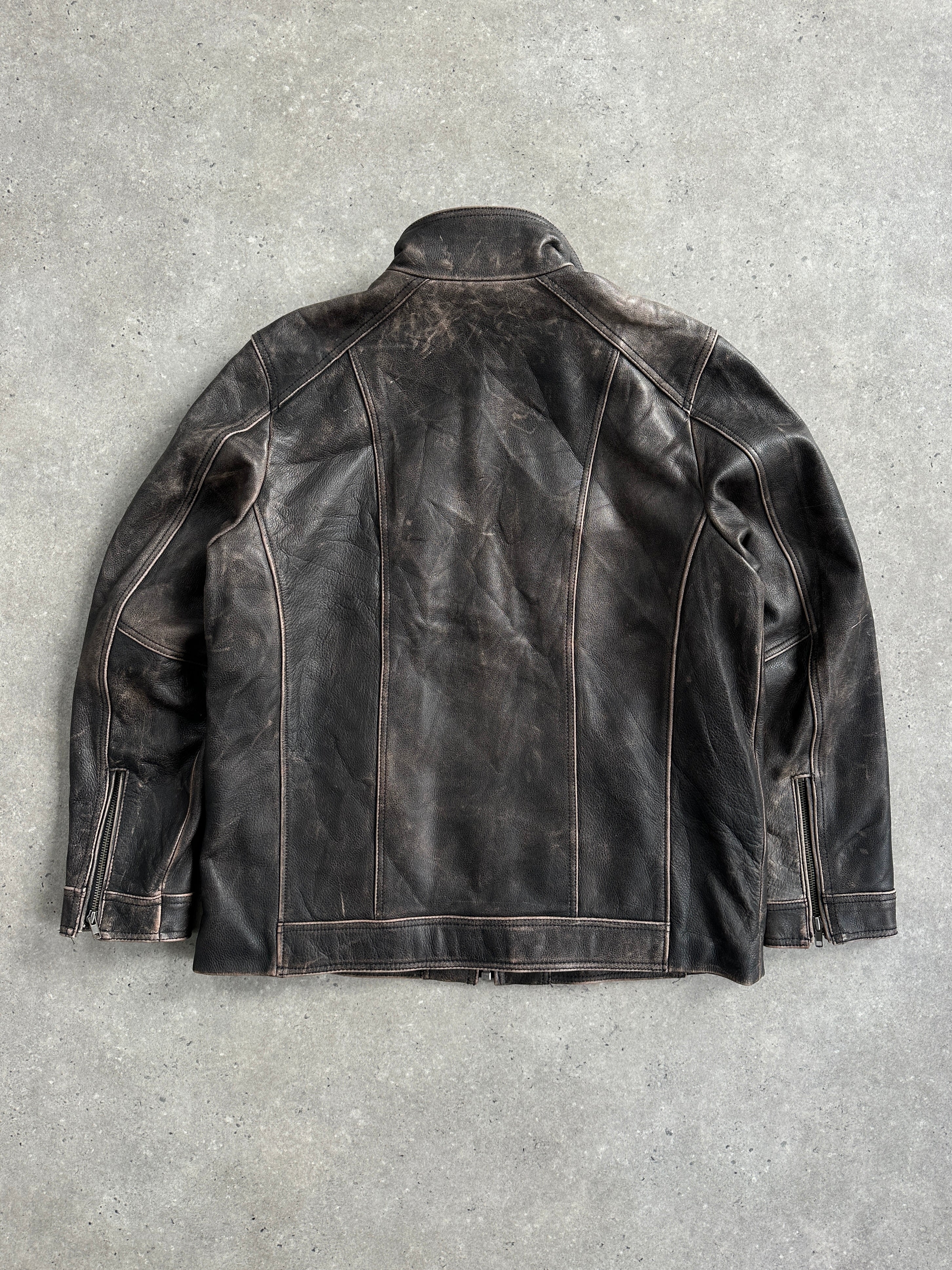 Vintage 2000s distressed high neck leather jacket in XL, showcasing rugged leather with a high collar and vintage style.