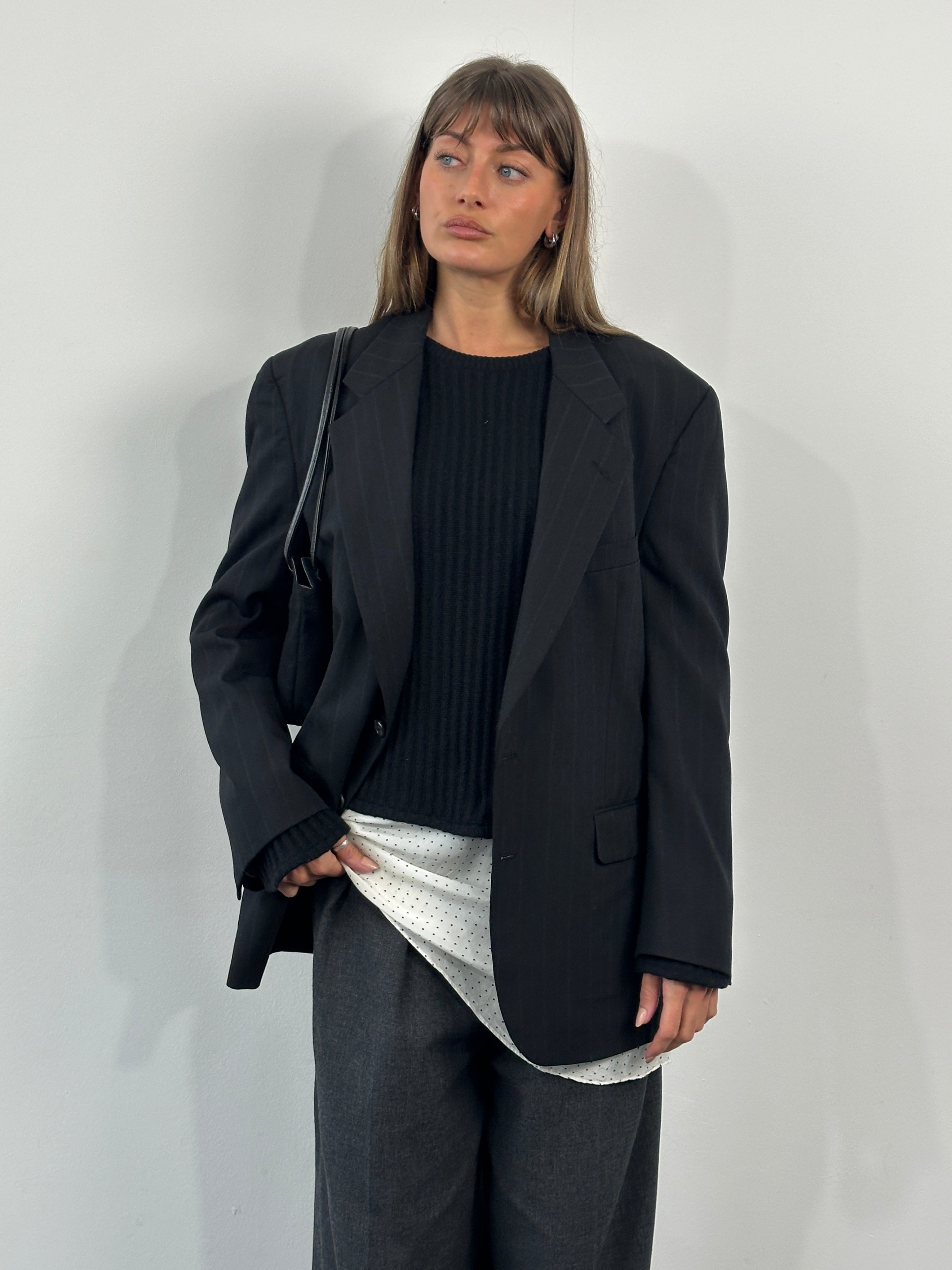 Christian Dior Le Connaisseur 1990s pure wool stripe blazer in size 42R/XL, featuring a classic tailored fit with bold stripe pattern.
