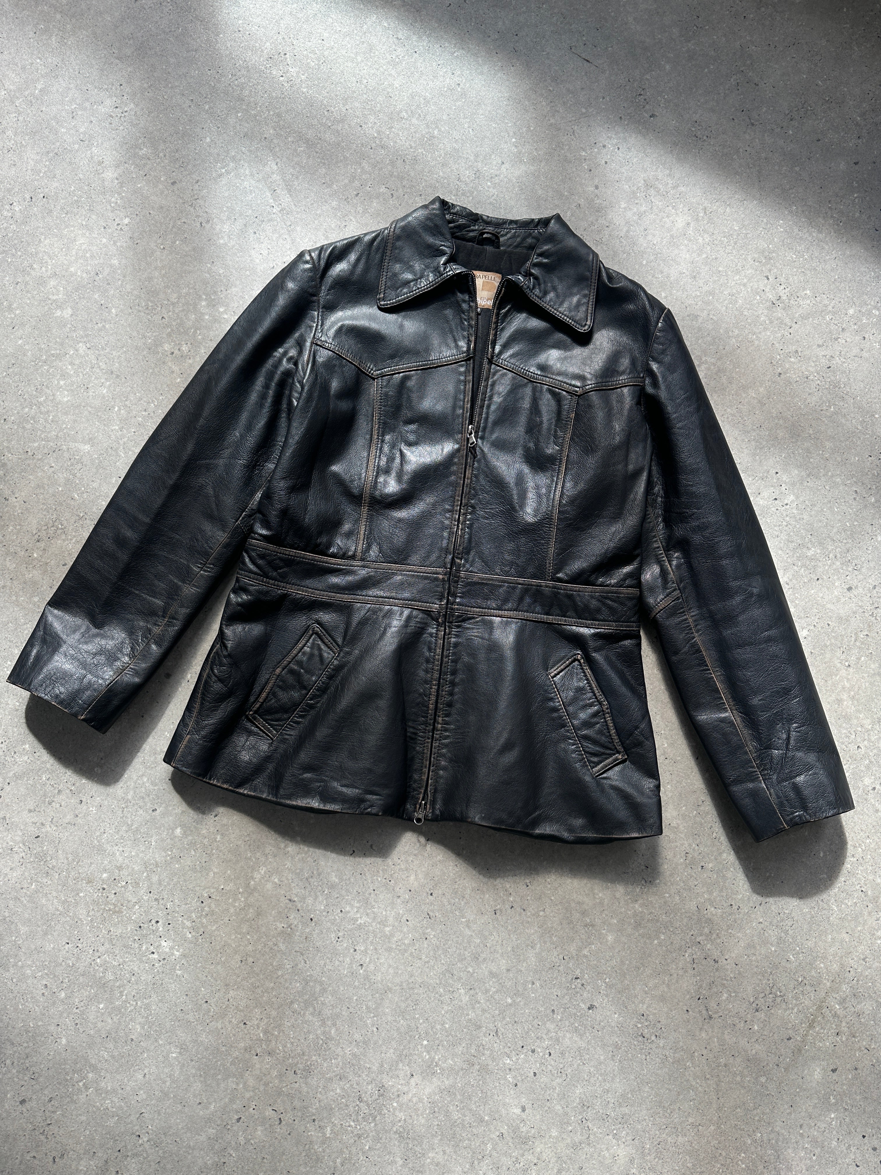 Conbipel double zip waisted leather jacket in black, featuring a stylish design and fitted silhouette, displayed on a hanger.