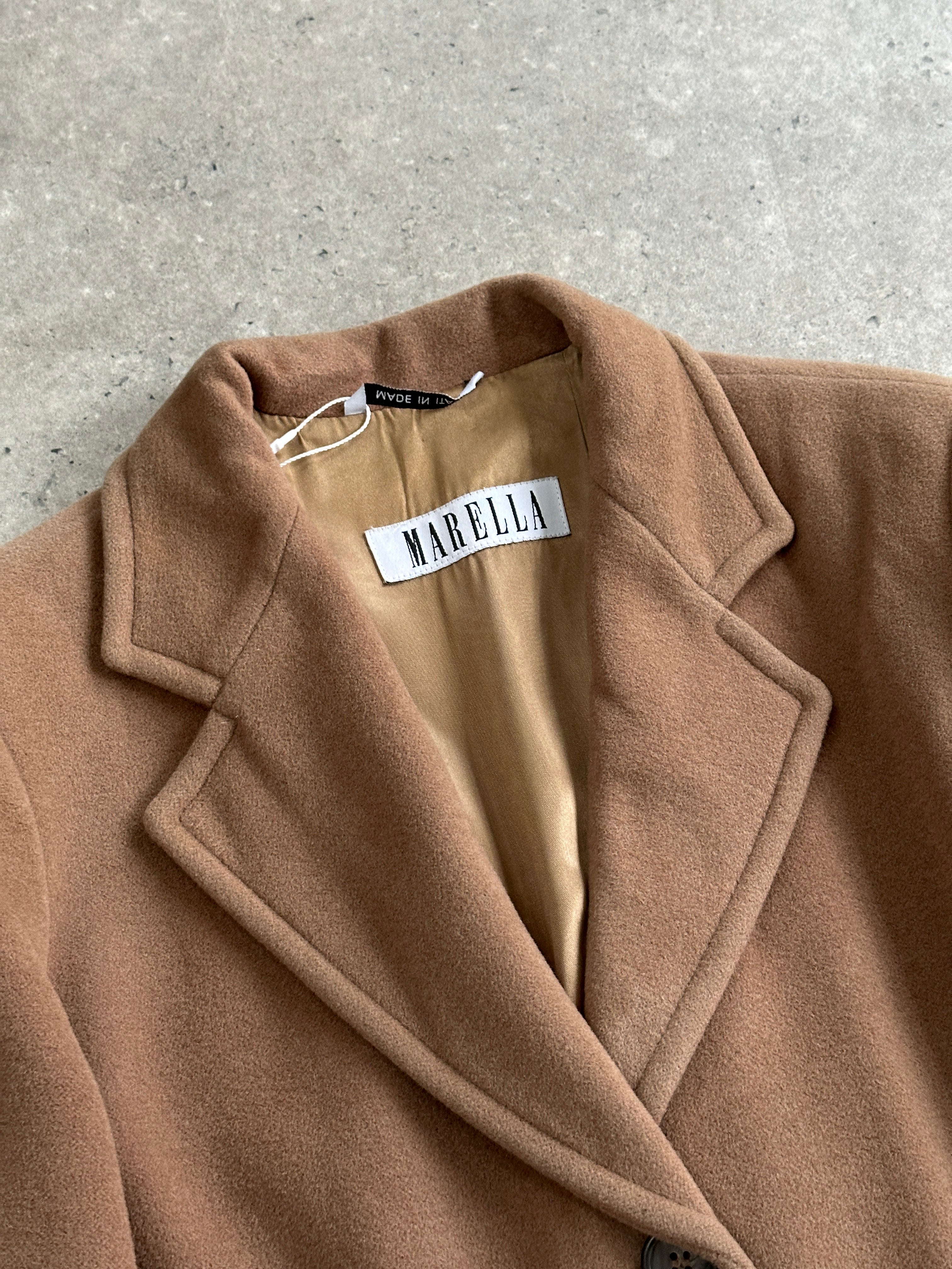 Marella virgin wool single-breasted coat in S/M size, shown in a stylish, tailored design with lapel collar and button closure.