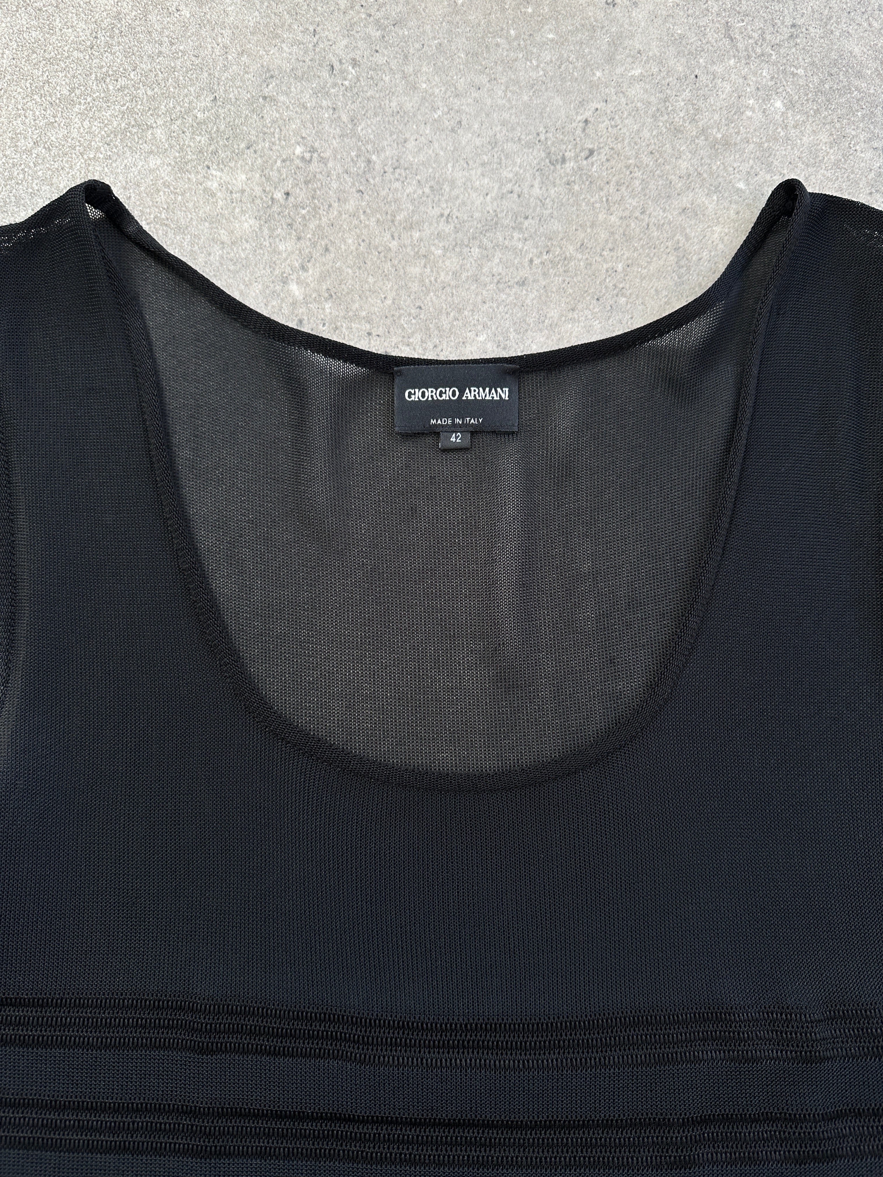 Giorgio Armani 2000s sheer ribbed vest top in size M, close-up of lightweight, fitted sleeveless top with ribbed texture.