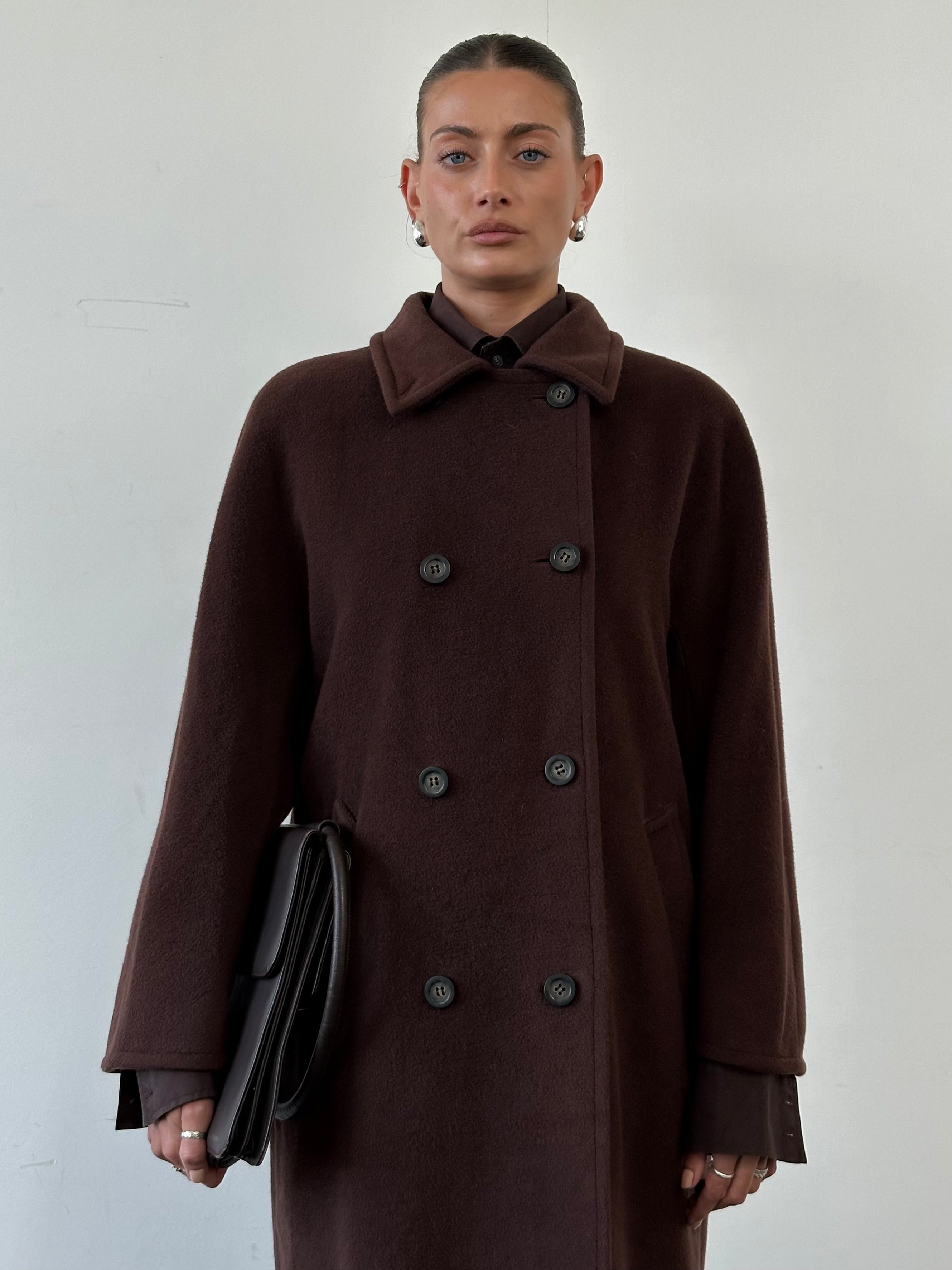 Marella Wool Cashmere Double Breasted Coat in size L, stylish coat with classic design, beige color, and tailored fit.