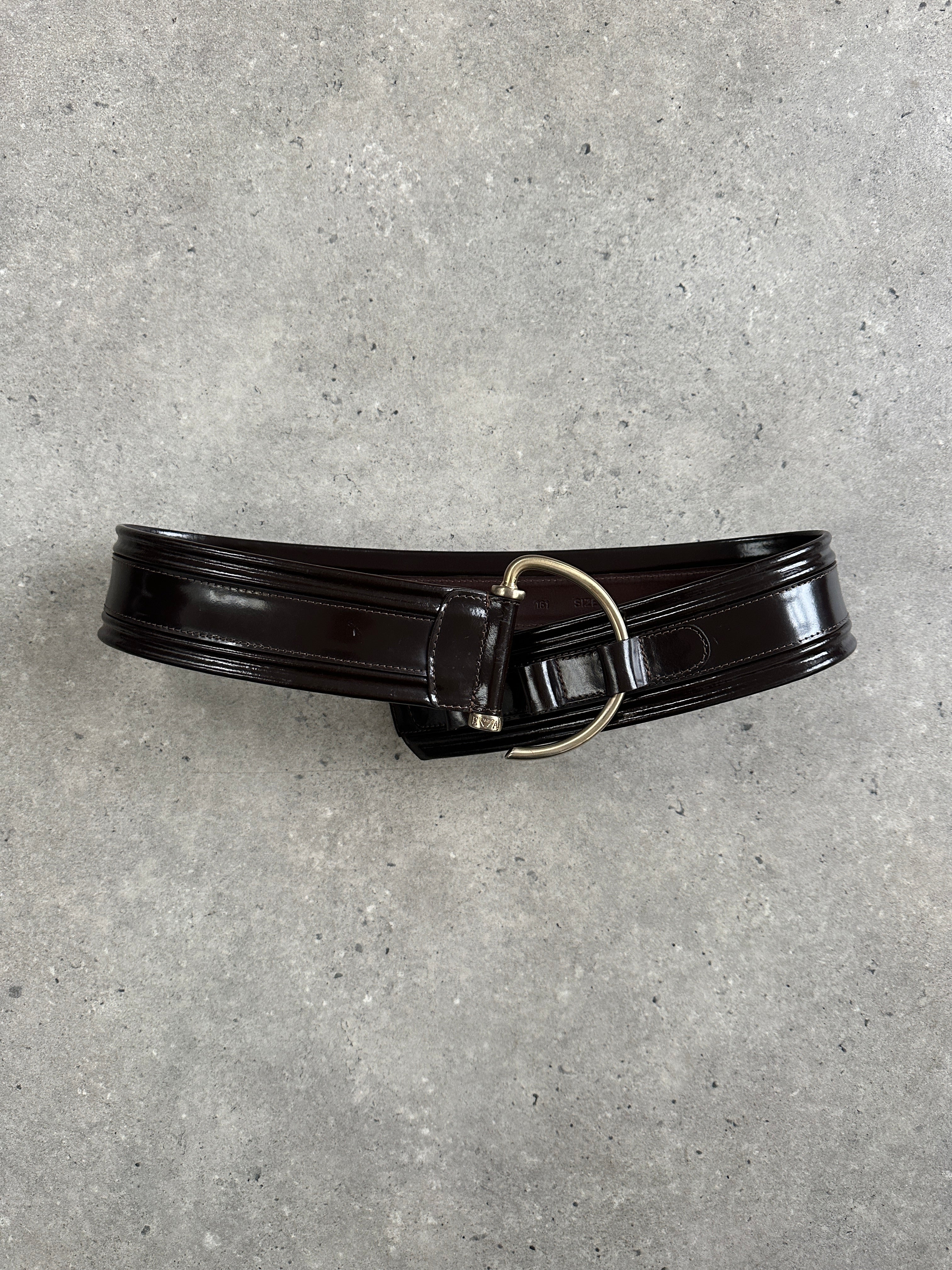 Emporio Armani men's leather D-ring belt in black with silver hardware, size W32-36, stylish accessory for casual or formal wear.